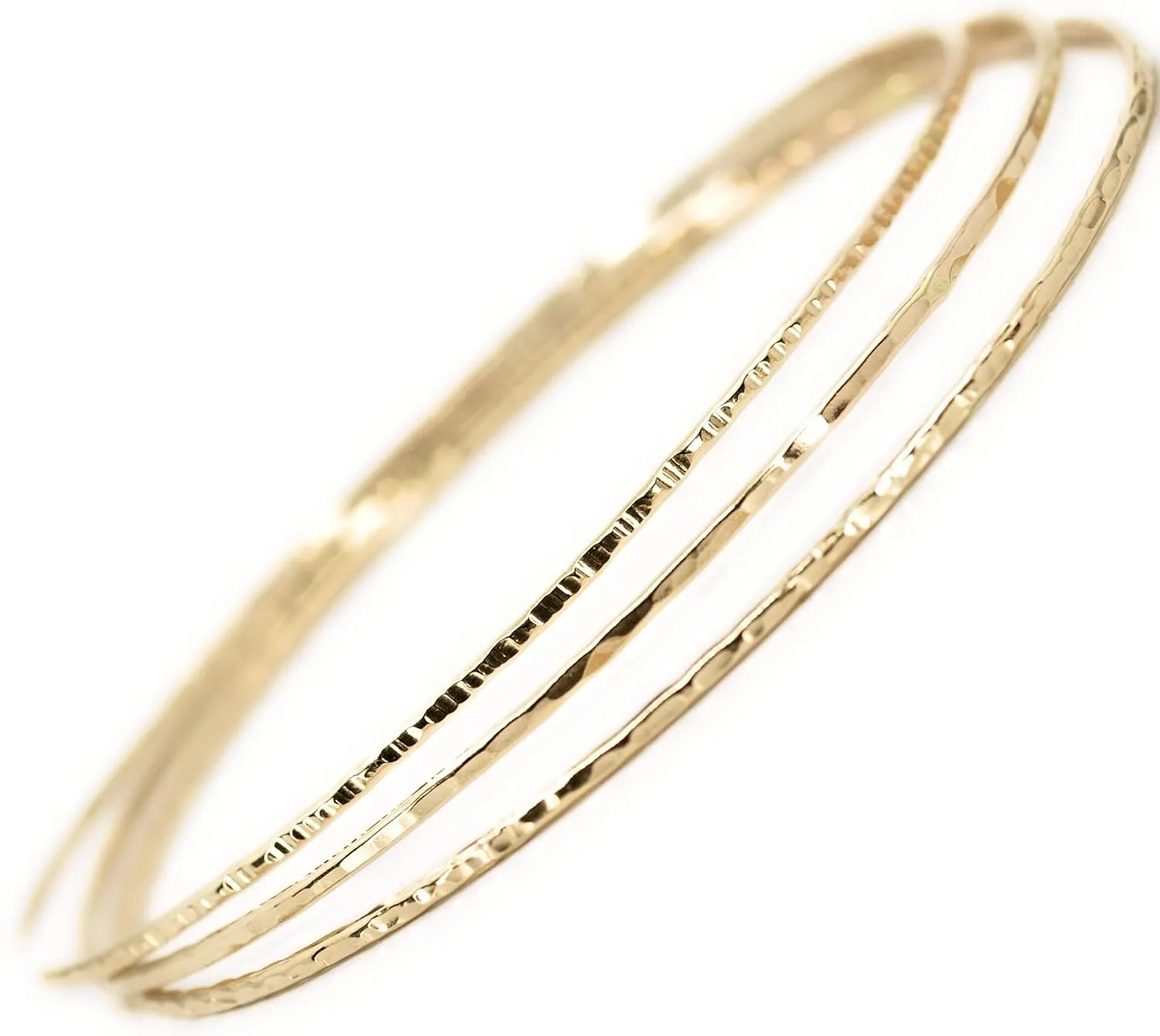 14k gold filled Bangles hammered slip on set of 3 textures, Mu-Yin Jewelry Handmade in USA (M upgrade)