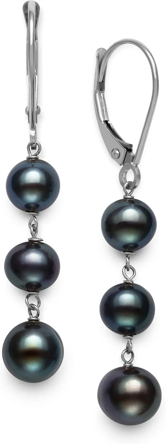 14k White Gold Black Cultured Freshwater Pearl Trio Dangle Drop Earrings