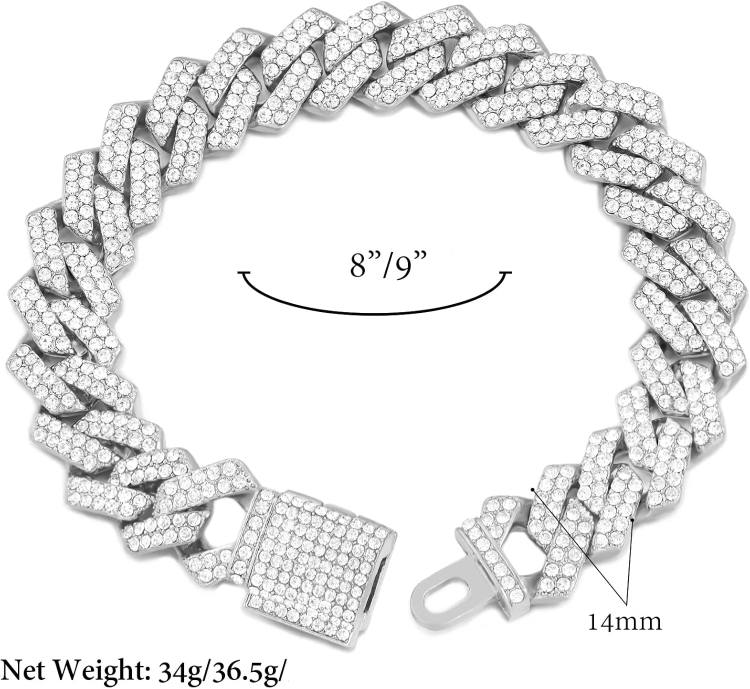 14mm Cuban Link Chain for Men Iced Out Miami Cuban Link Chain Necklace Bracelet for Men Women Bling Diamond Cuban Chains Bracelets/Necklaces Hip Hop Jewelry
