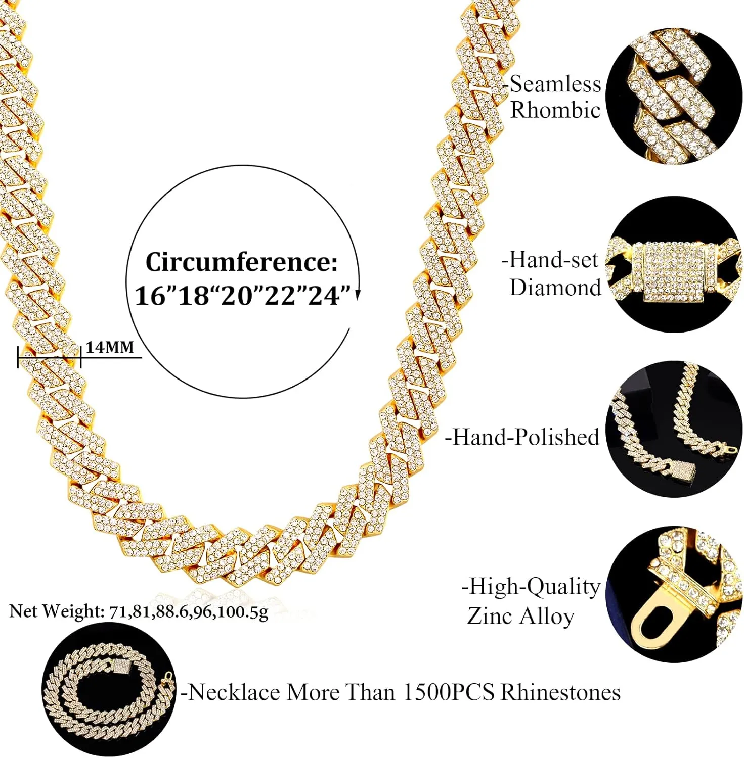 14mm Cuban Link Chain for Men Iced Out Miami Cuban Link Chain Necklace Bracelet for Men Women Bling Diamond Cuban Chains Bracelets/Necklaces Hip Hop Jewelry