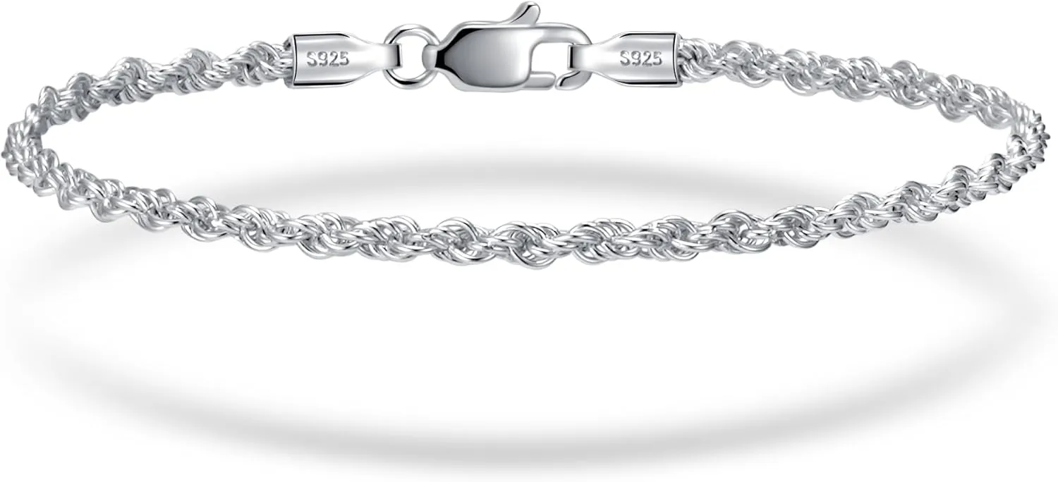 2 Pcs 925 Sterling Silver 5mm Cuban Link Chain for Men&2.5mm Rope Link Chain Bracelet Set for Men's&woman,Trendy hip-hop stacking Fashion Gift Boyfriend/Girlfriend/mother's Non Tarnish Hypoallergenic