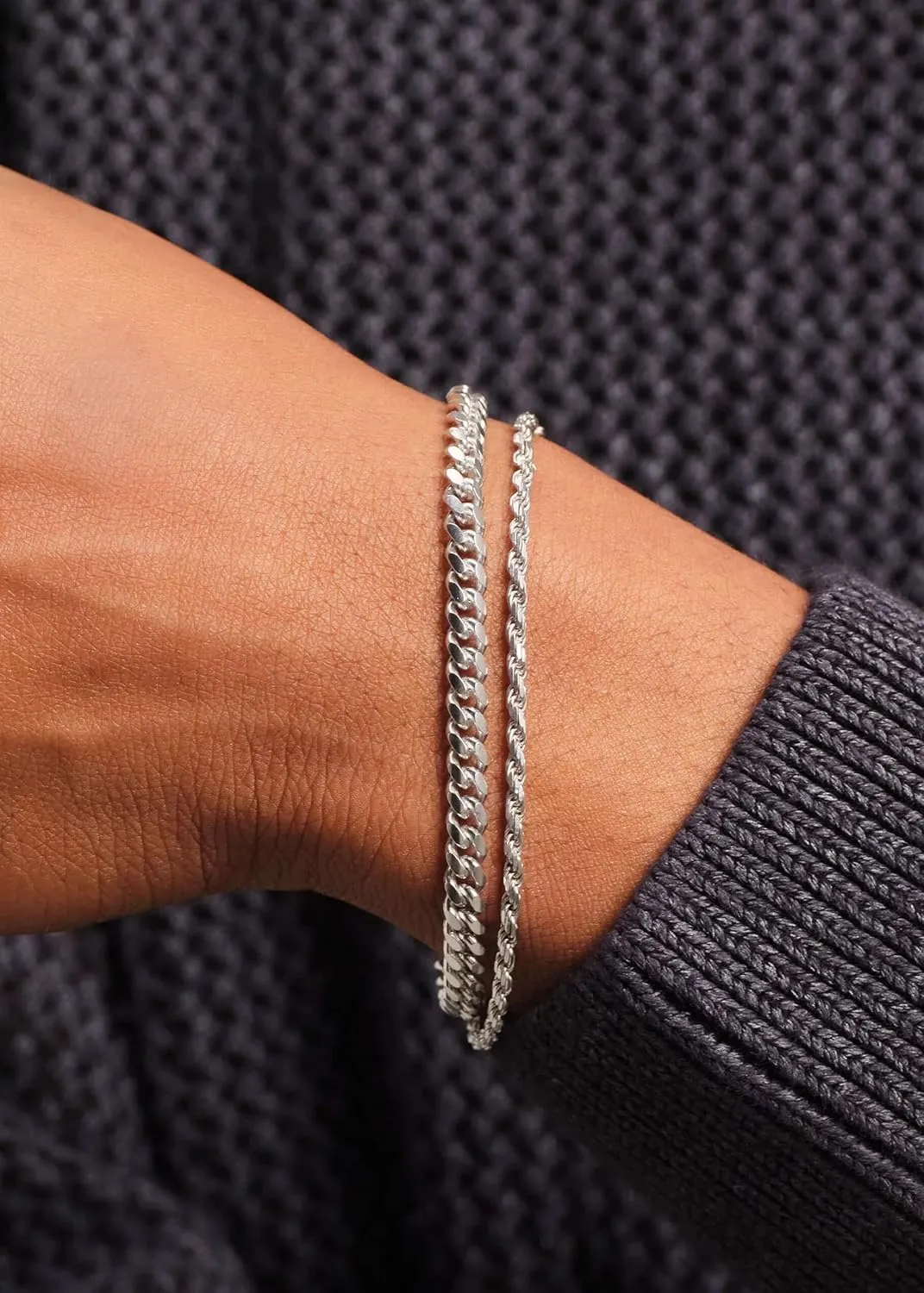 2 Pcs 925 Sterling Silver 5mm Cuban Link Chain for Men&2.5mm Rope Link Chain Bracelet Set for Men's&woman,Trendy hip-hop stacking Fashion Gift Boyfriend/Girlfriend/mother's Non Tarnish Hypoallergenic