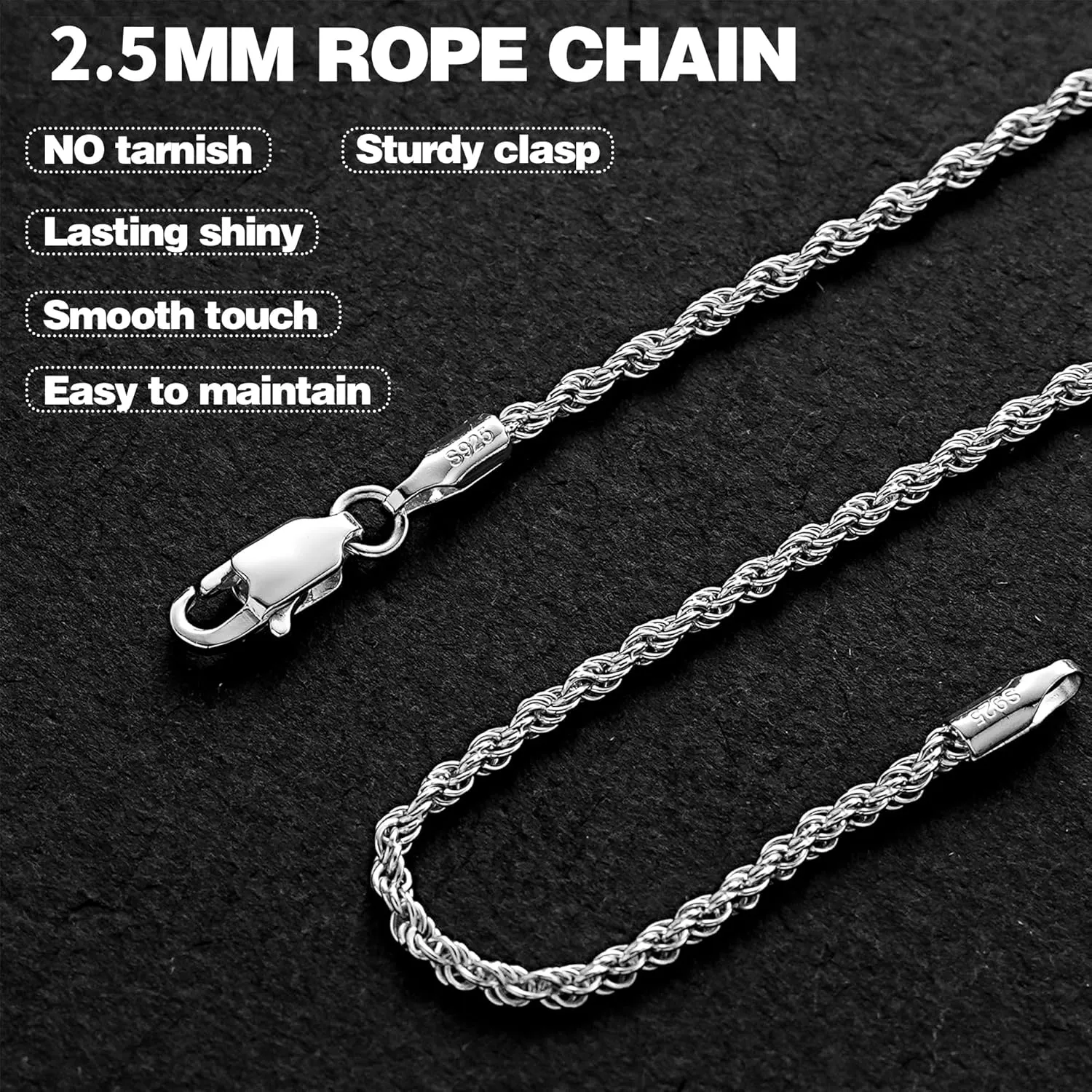 2 Pcs 925 Sterling Silver 5mm Cuban Link Chain for Men&2.5mm Rope Link Chain Bracelet Set for Men's&woman,Trendy hip-hop stacking Fashion Gift Boyfriend/Girlfriend/mother's Non Tarnish Hypoallergenic