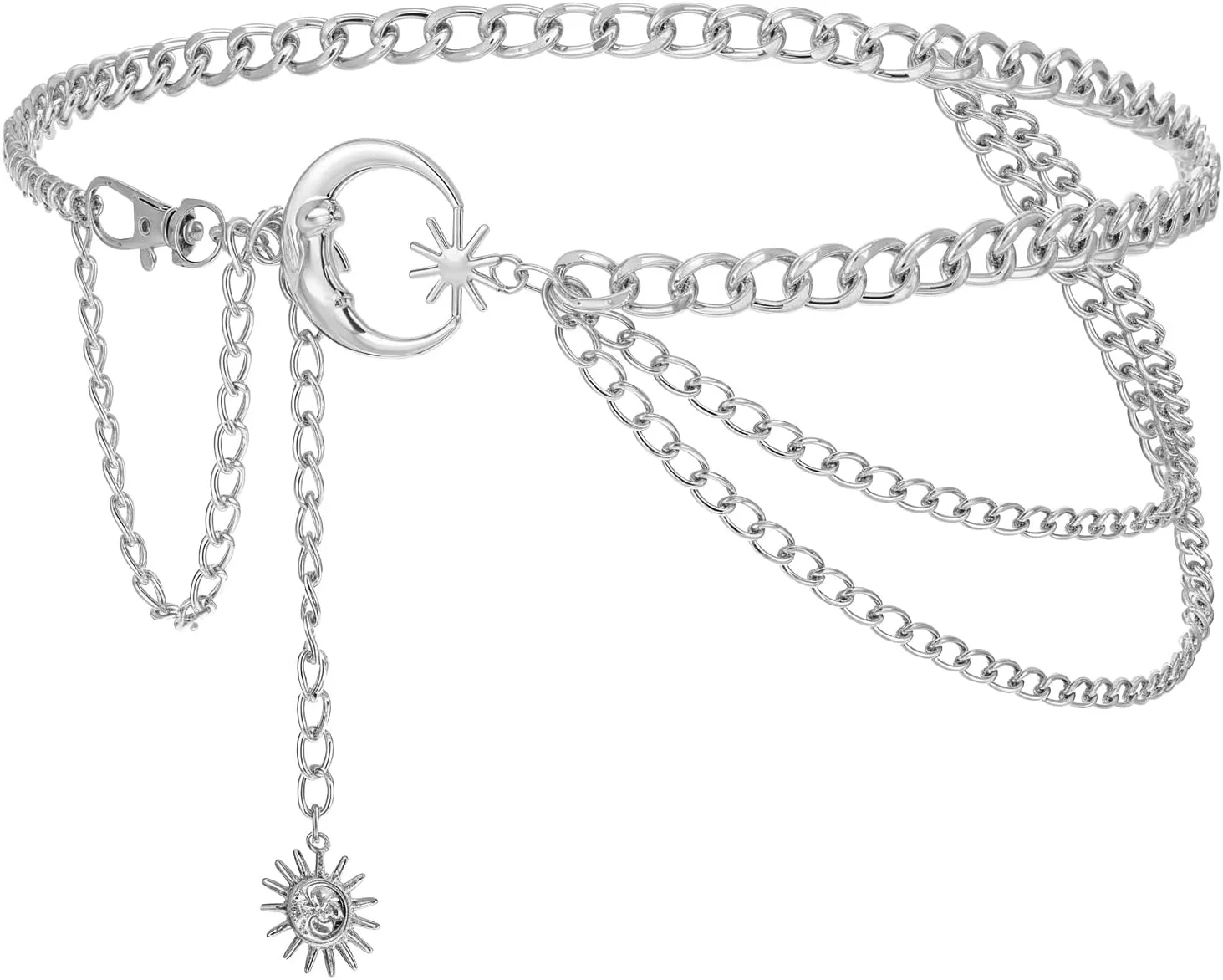 3 Layered Body Belly Belt Metal Waist Chain Moon and Sun Chain Silver Fashion Multilayer Link Belts Jewelry Accessories for Women Jeans Dresses Party Country Concert Outfits