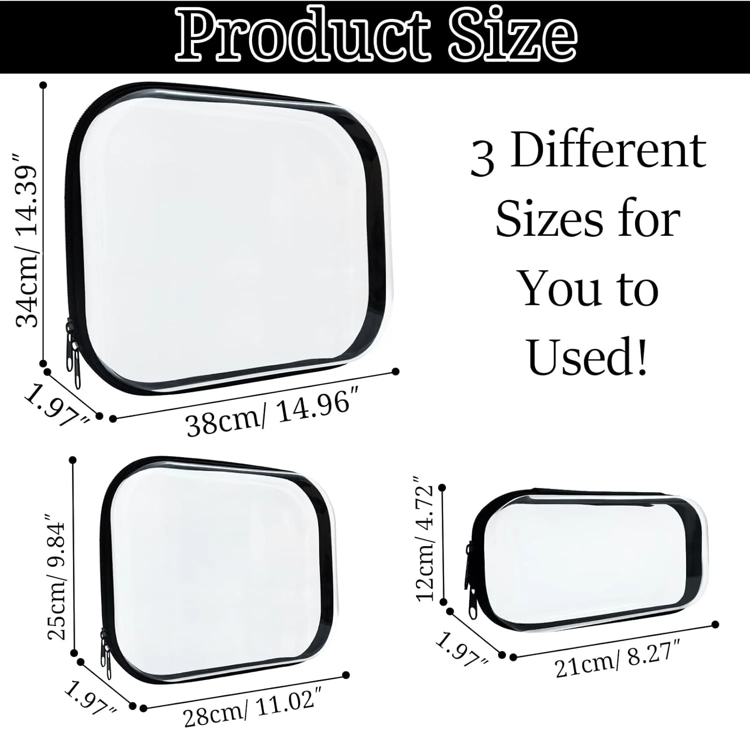 3 Pcs Clear Hard Zipper Case, Hard Shell Plastic Clear Organizer Bag, Transparent Makeup Pouches, Portable Box for Travel Toiletries, Toy Storage Bins (Black, Multi)