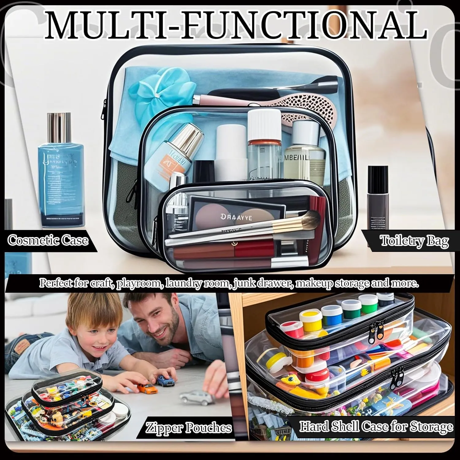 3 Pcs Clear Hard Zipper Case, Hard Shell Plastic Clear Organizer Bag, Transparent Makeup Pouches, Portable Box for Travel Toiletries, Toy Storage Bins (Black, Multi)