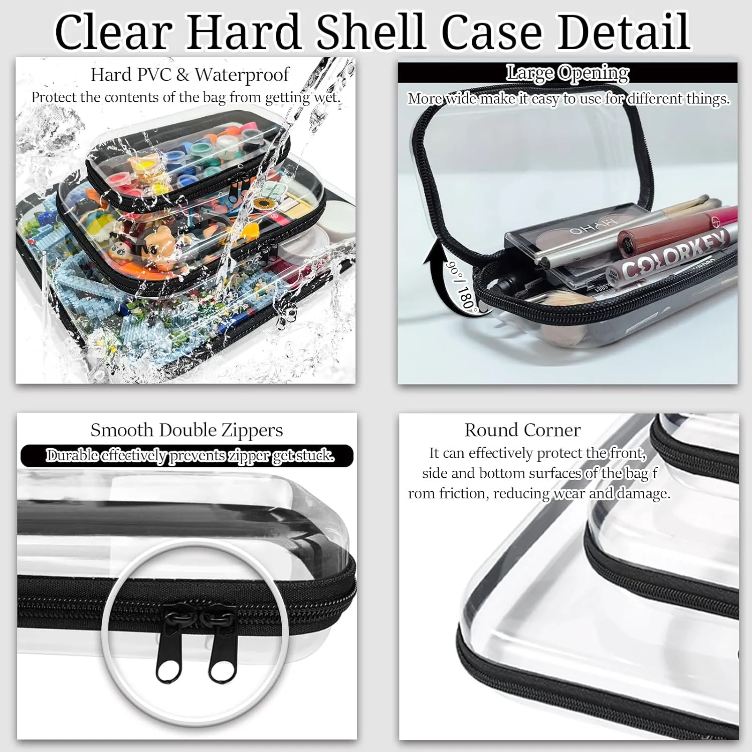 3 Pcs Clear Hard Zipper Case, Hard Shell Plastic Clear Organizer Bag, Transparent Makeup Pouches, Portable Box for Travel Toiletries, Toy Storage Bins (Black, Multi)