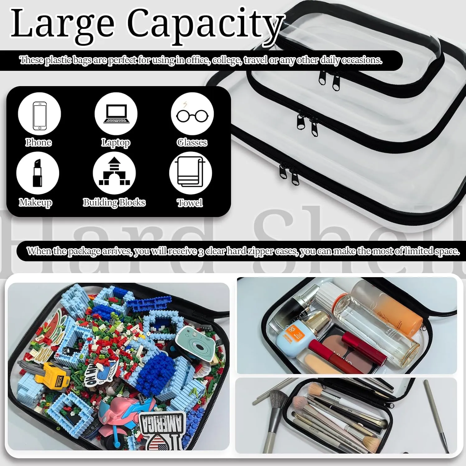 3 Pcs Clear Hard Zipper Case, Hard Shell Plastic Clear Organizer Bag, Transparent Makeup Pouches, Portable Box for Travel Toiletries, Toy Storage Bins (Black, Multi)