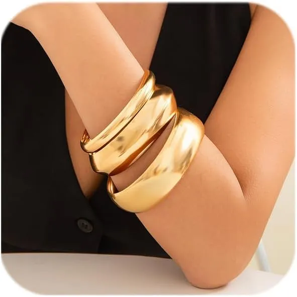 3PCS Chunky Gold Bangle Bracelets for Women Trendy Wide Wrist Cuff Bracelets Hammered Wrist Cuff Wrap Bracelet Jewelry
