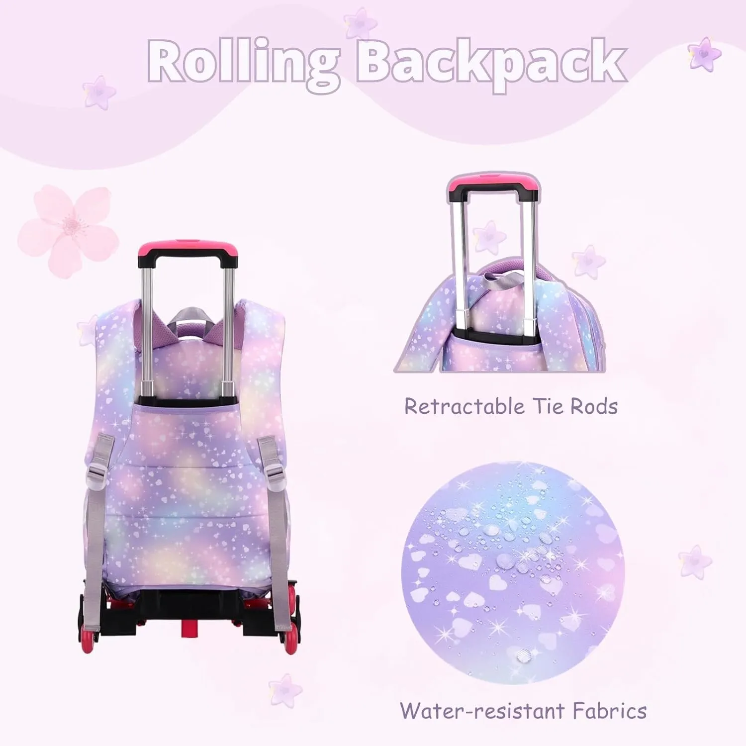 3Pcs Rolling Backpack for Girls Dream Princess Wind Bookbag with Wheels Travel Bag Trolley School Bag with Lunch Box Blue