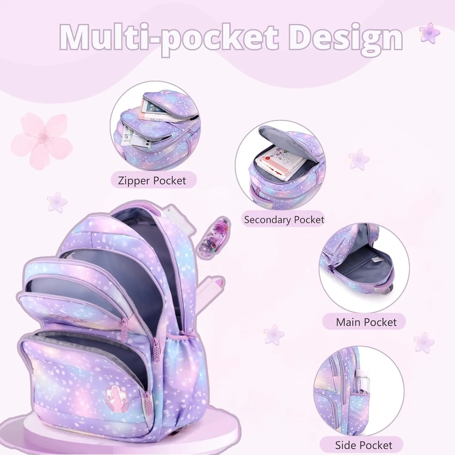 3Pcs Rolling Backpack for Girls Dream Princess Wind Bookbag with Wheels Travel Bag Trolley School Bag with Lunch Box Blue