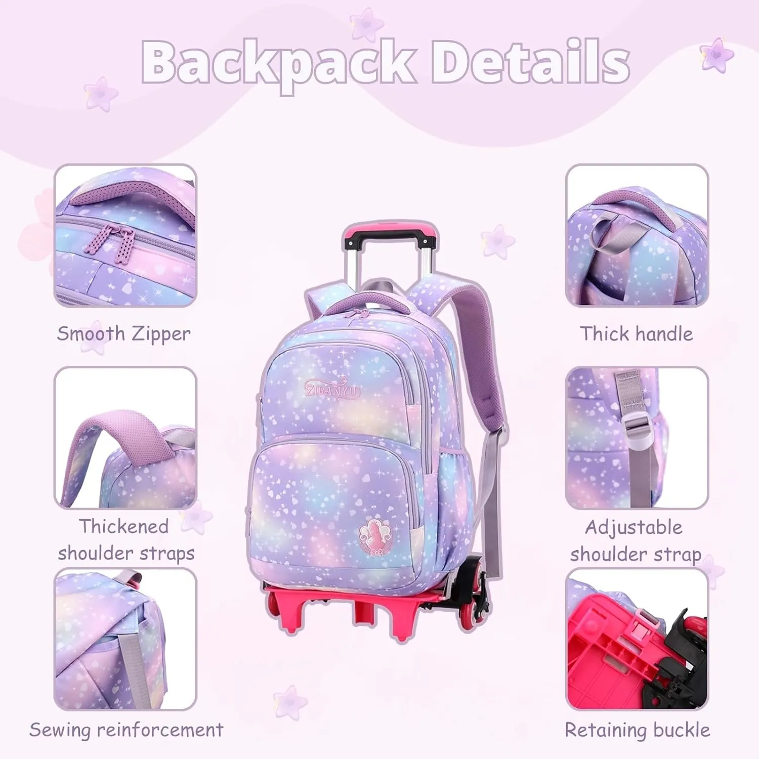 3Pcs Rolling Backpack for Girls Dream Princess Wind Bookbag with Wheels Travel Bag Trolley School Bag with Lunch Box Blue