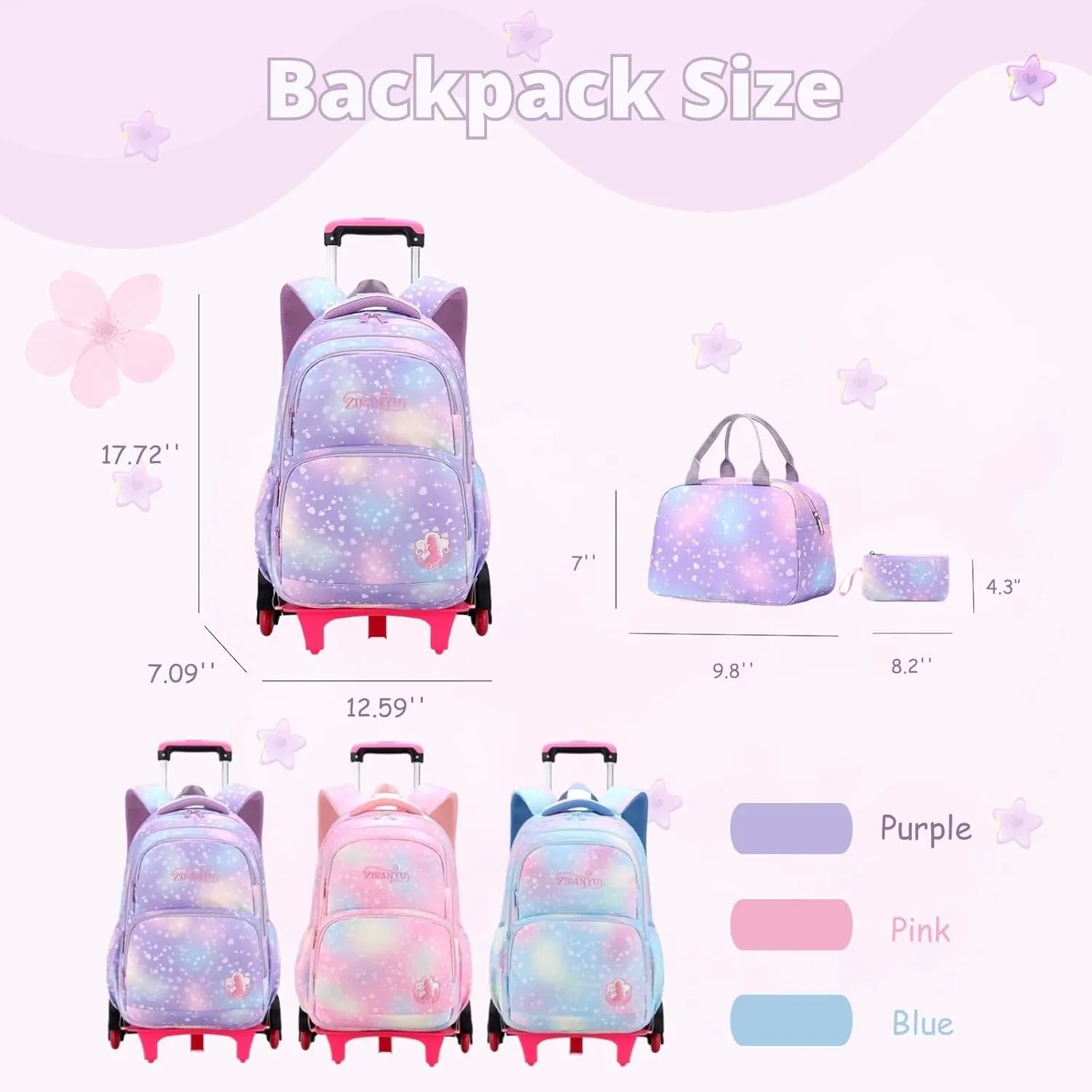 3Pcs Rolling Backpack for Girls Dream Princess Wind Bookbag with Wheels Travel Bag Trolley School Bag with Lunch Box Blue