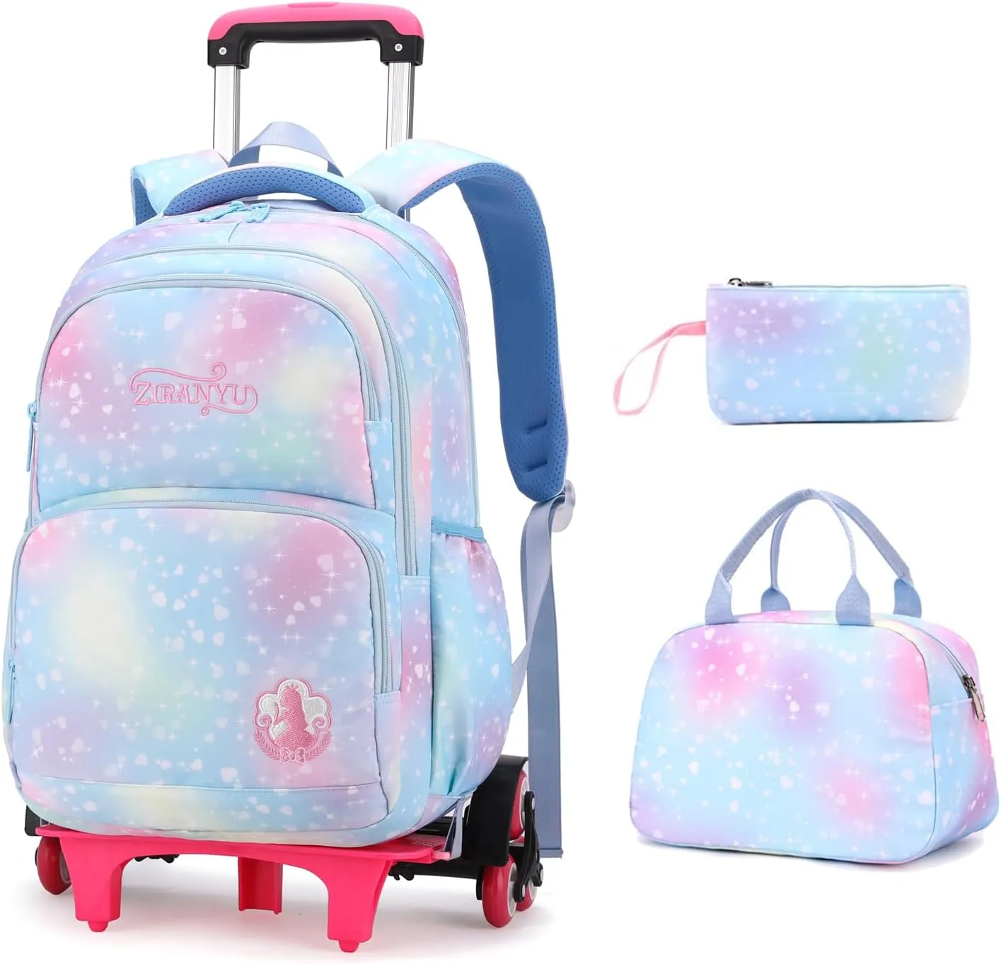3Pcs Rolling Backpack for Girls Dream Princess Wind Bookbag with Wheels Travel Bag Trolley School Bag with Lunch Box Blue