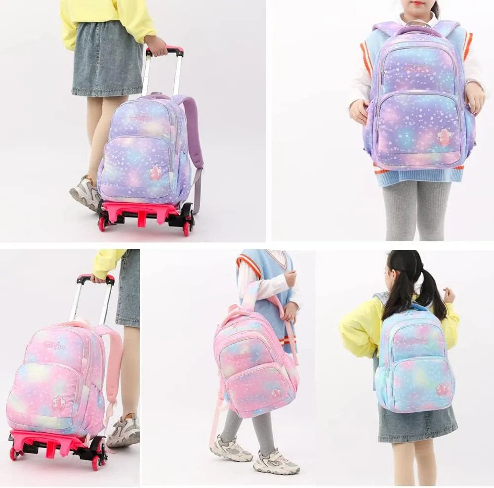 3Pcs Rolling Backpack for Girls Dream Princess Wind Bookbag with Wheels Travel Bag Trolley School Bag with Lunch Box Blue