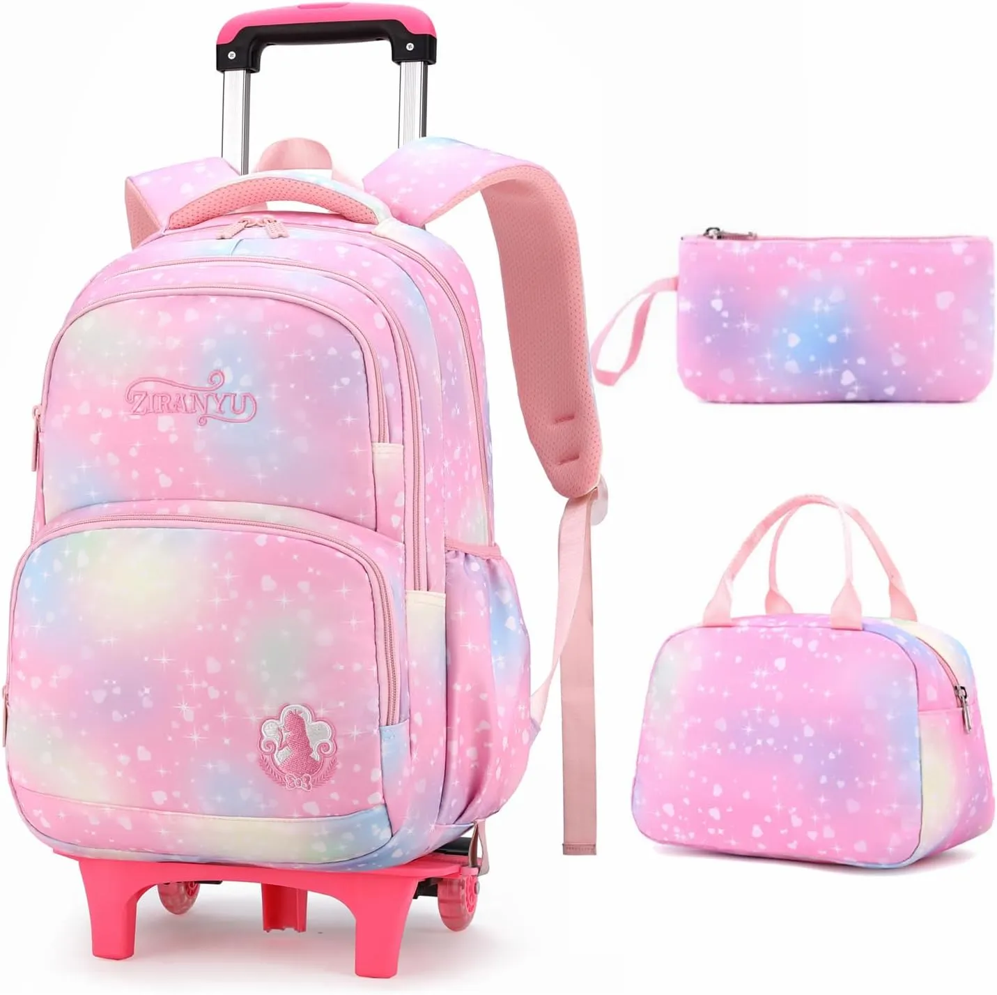 3Pcs Rolling Backpack for Girls Dream Princess Wind Bookbag with Wheels Travel Bag Trolley School Bag with Lunch Box Pink