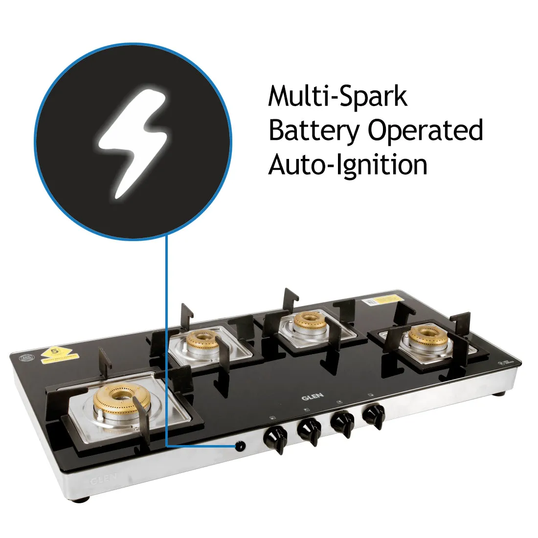 4 Burner Glass Gas Stove Extra Wide 1 High Flame 3 Forged Brass Burner Auto Ignition (1049 SQGT FB AI)