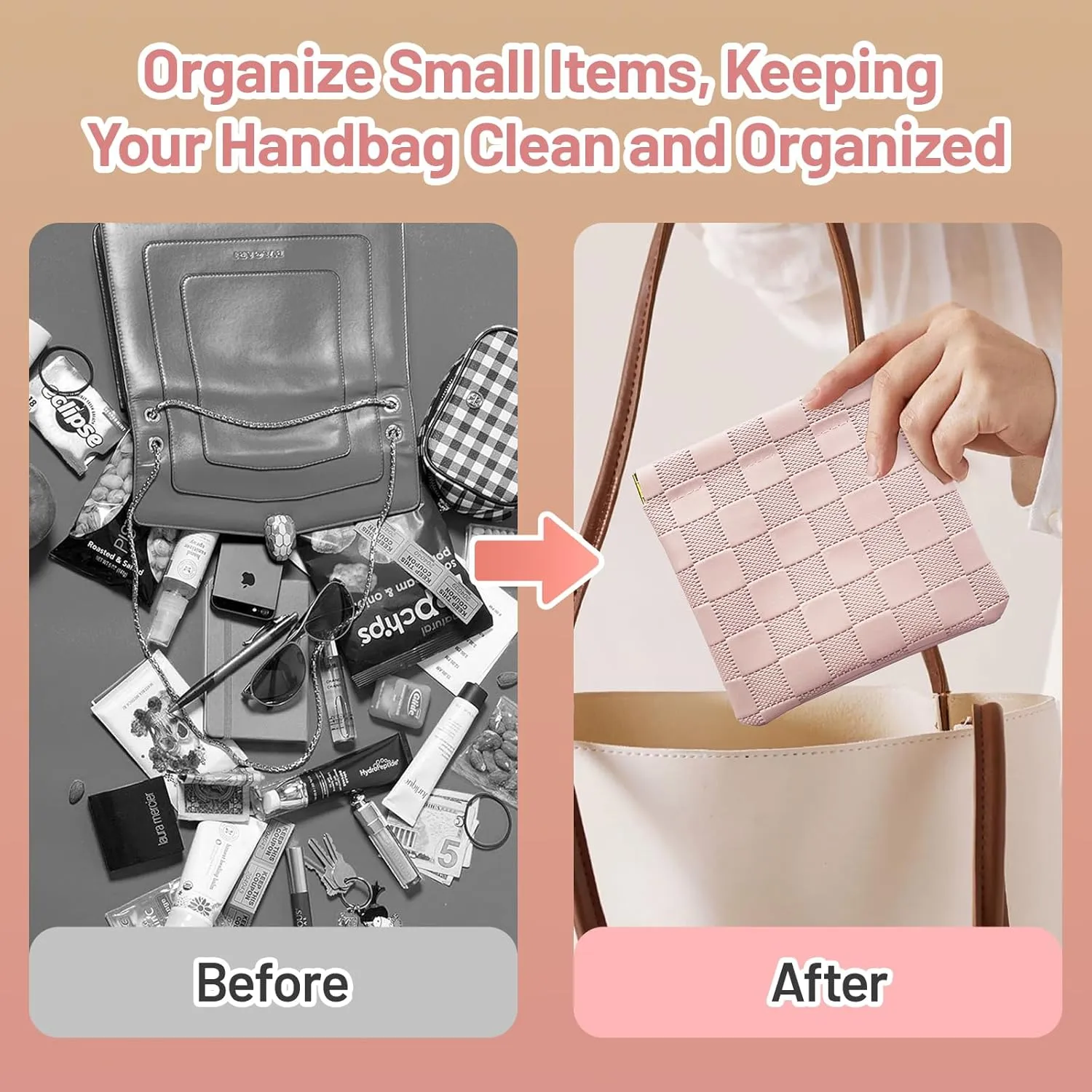 4.72x4.53 Small Pouches for Purse, New 4PCS Cute Checkered Snap Closure Storages, Mini Organizers for Inside Large Bag, Organize Makeup, Cosmetic, Lipstick, Coins in Women's Handbag