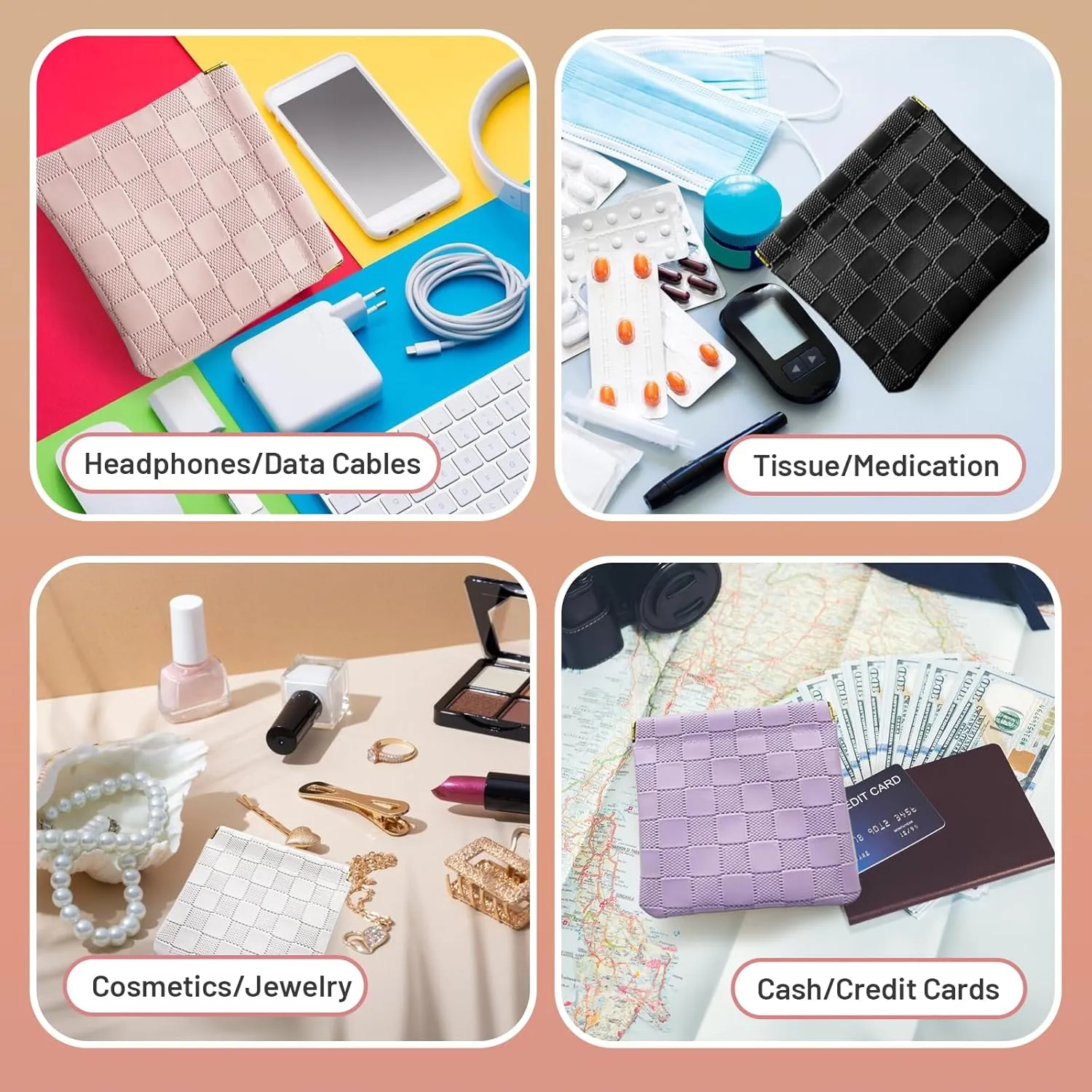 4.72x4.53 Small Pouches for Purse, New 4PCS Cute Checkered Snap Closure Storages, Mini Organizers for Inside Large Bag, Organize Makeup, Cosmetic, Lipstick, Coins in Women's Handbag
