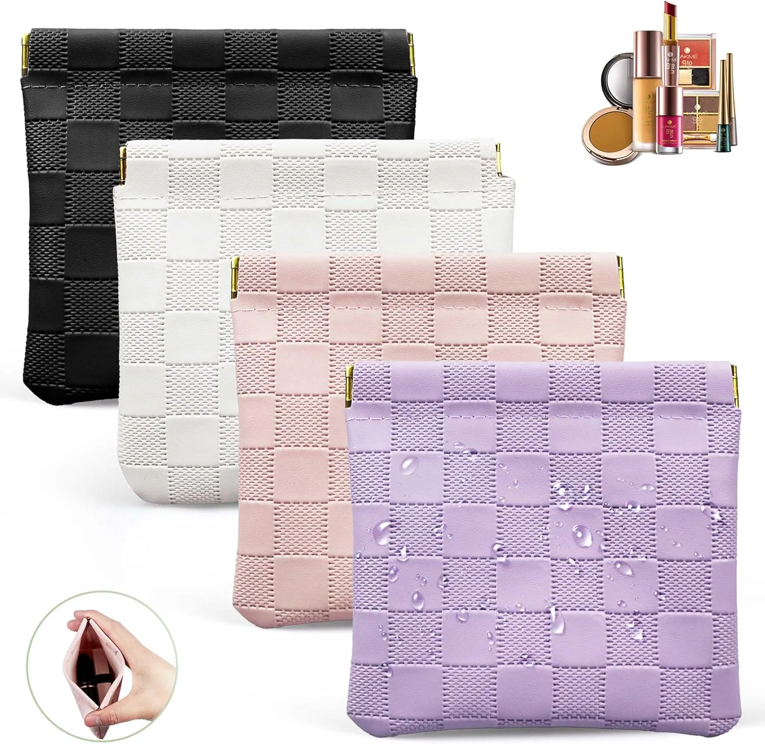 4.72x4.53 Small Pouches for Purse, New 4PCS Cute Checkered Snap Closure Storages, Mini Organizers for Inside Large Bag, Organize Makeup, Cosmetic, Lipstick, Coins in Women's Handbag