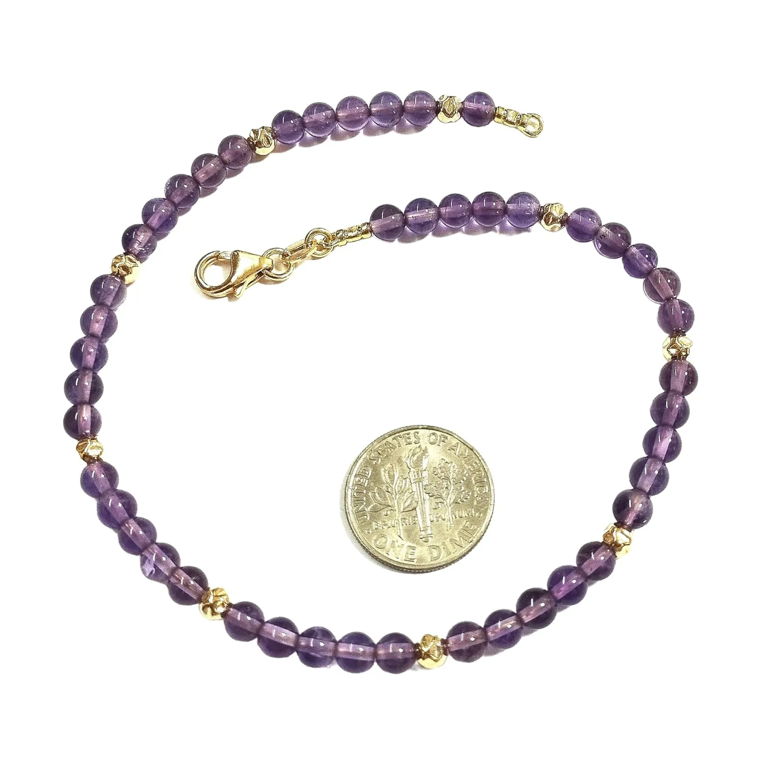 4mm Natural Amethyst Gemstone Beads and 14kt Gold Filled Hammered Beads Beaded Bracelet. Handmade to your size. Women, Men, Unisex. BalliSilver. (8.5" - 22cm)