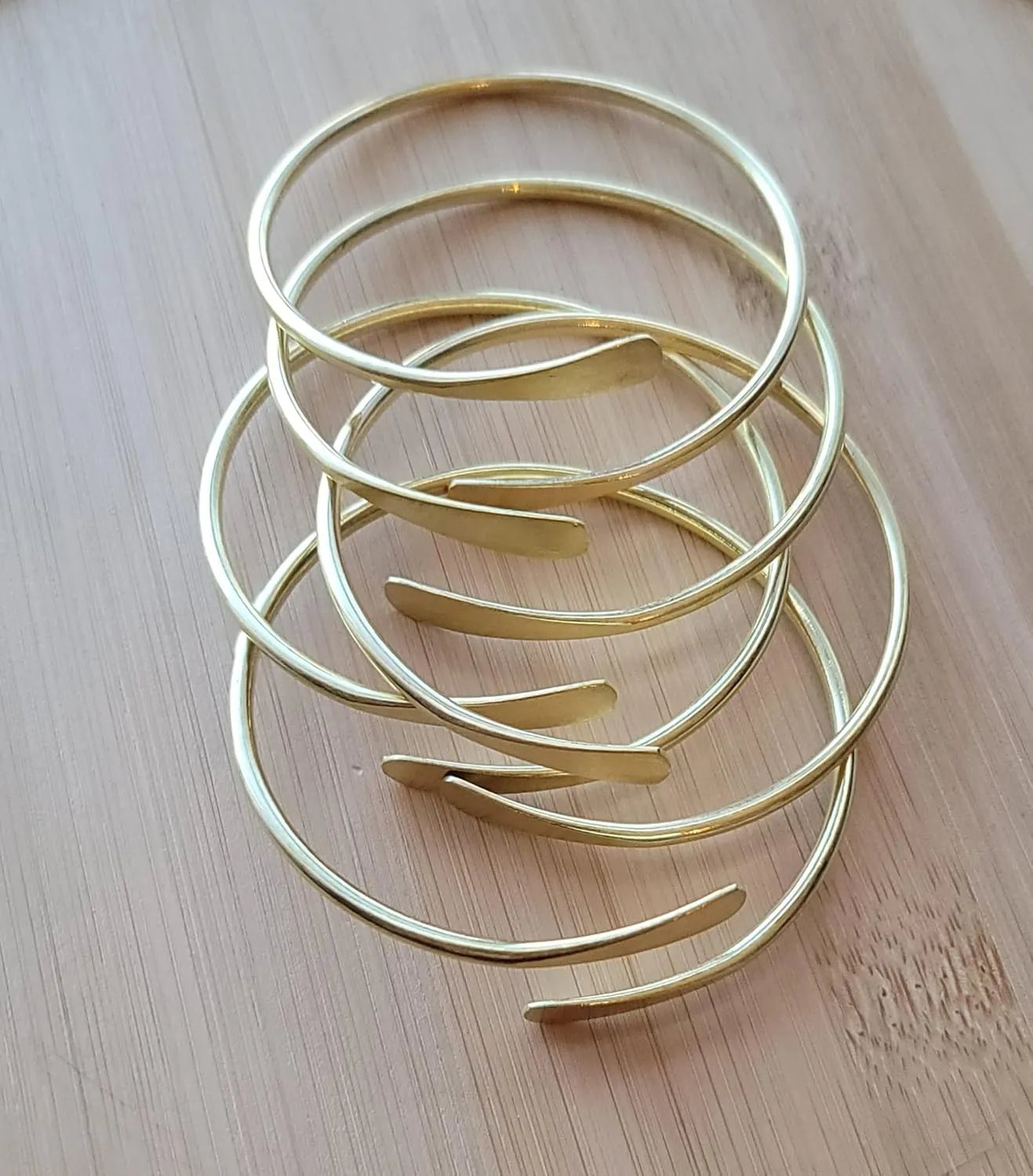 5 Raw Brass Cuff Bracelets Set, African Brass Bangles For Women, Hammered Ends Stacking Bracelets, Boho Tribal Cultural Jewelry (Set Of 5)