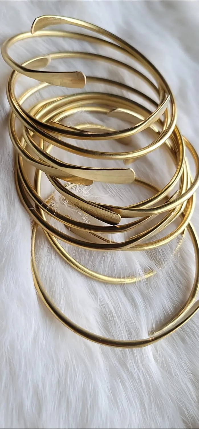 5 Raw Brass Cuff Bracelets Set, African Brass Bangles For Women, Hammered Ends Stacking Bracelets, Boho Tribal Cultural Jewelry (Set Of 5)