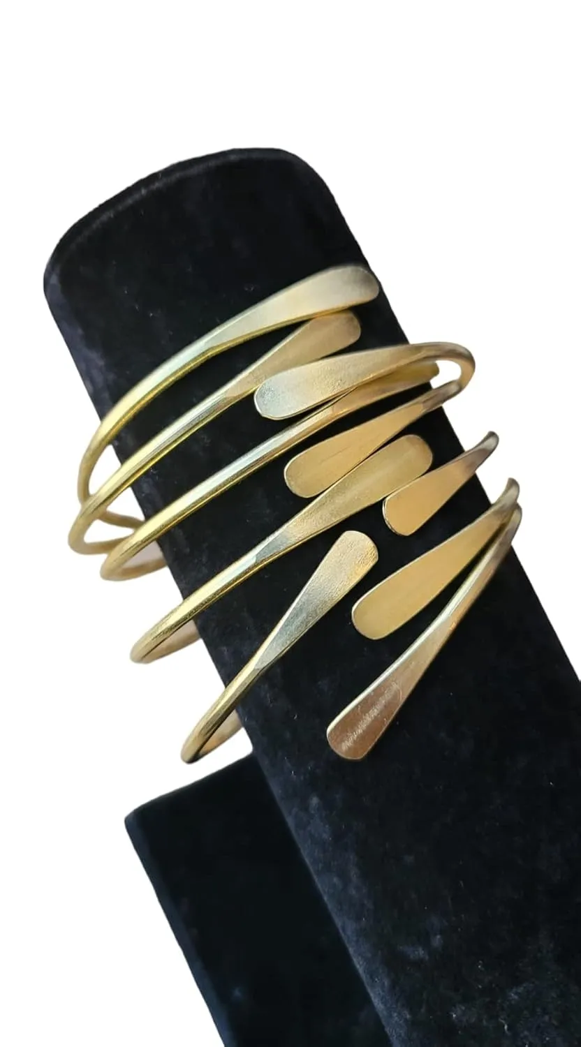 5 Raw Brass Cuff Bracelets Set, African Brass Bangles For Women, Hammered Ends Stacking Bracelets, Boho Tribal Cultural Jewelry (Set Of 5)