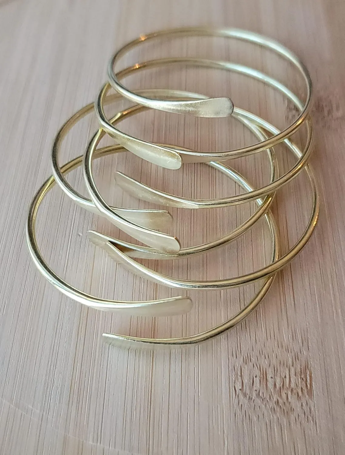 5 Raw Brass Cuff Bracelets Set, African Brass Bangles For Women, Hammered Ends Stacking Bracelets, Boho Tribal Cultural Jewelry (Set Of 5)