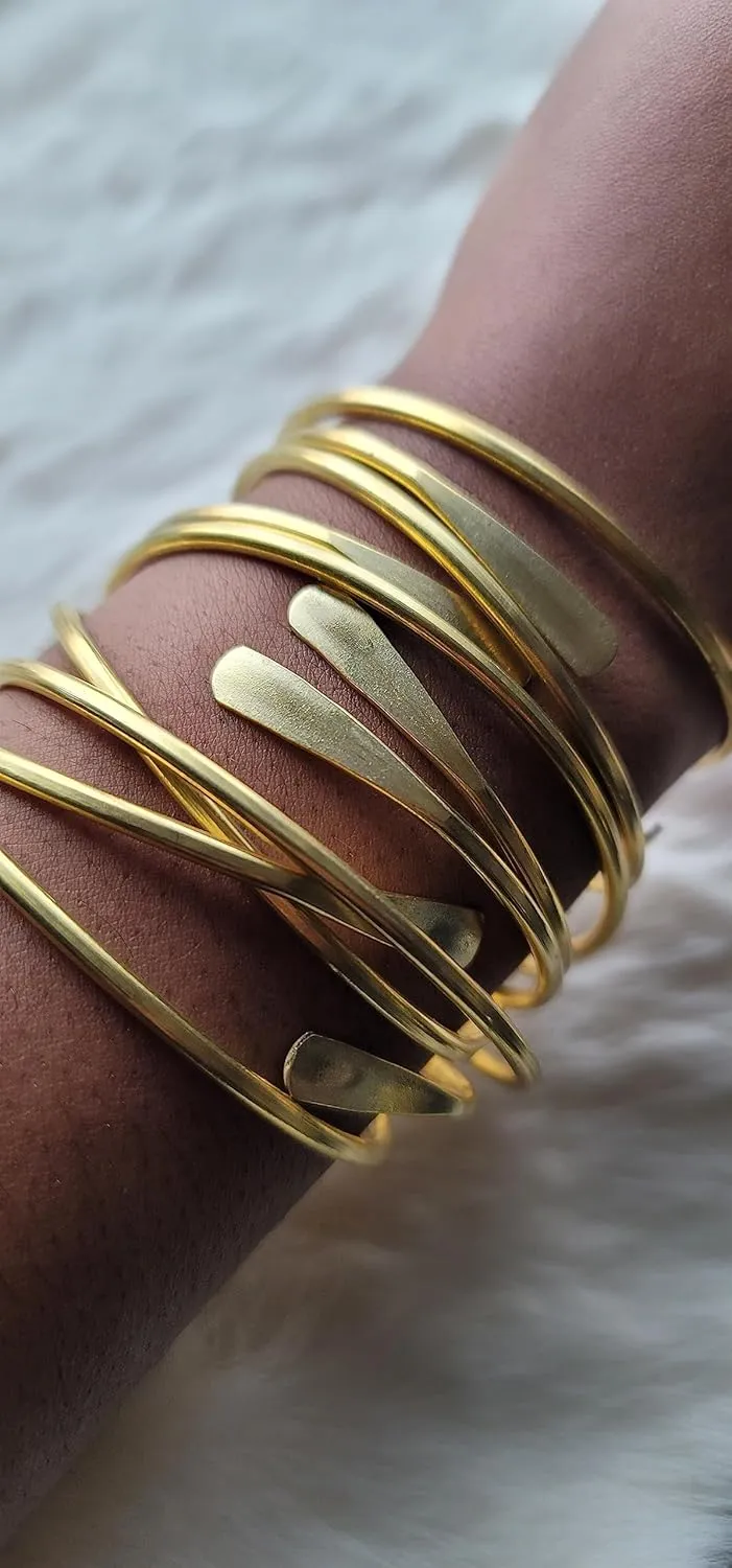 5 Raw Brass Cuff Bracelets Set, African Brass Bangles For Women, Hammered Ends Stacking Bracelets, Boho Tribal Cultural Jewelry (Set Of 5)
