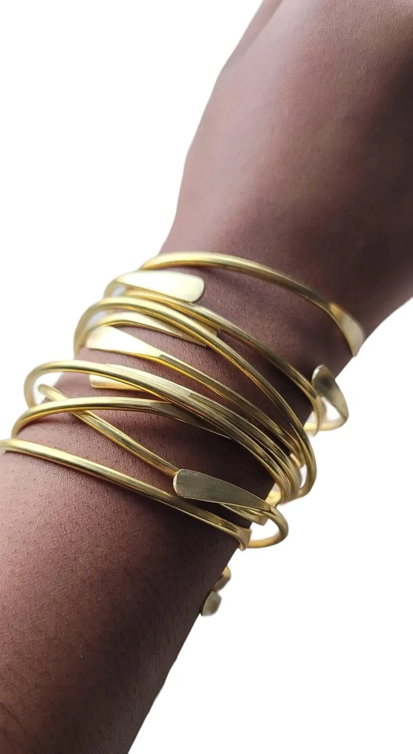 5 Raw Brass Cuff Bracelets Set, African Brass Bangles For Women, Hammered Ends Stacking Bracelets, Boho Tribal Cultural Jewelry (Set Of 5)