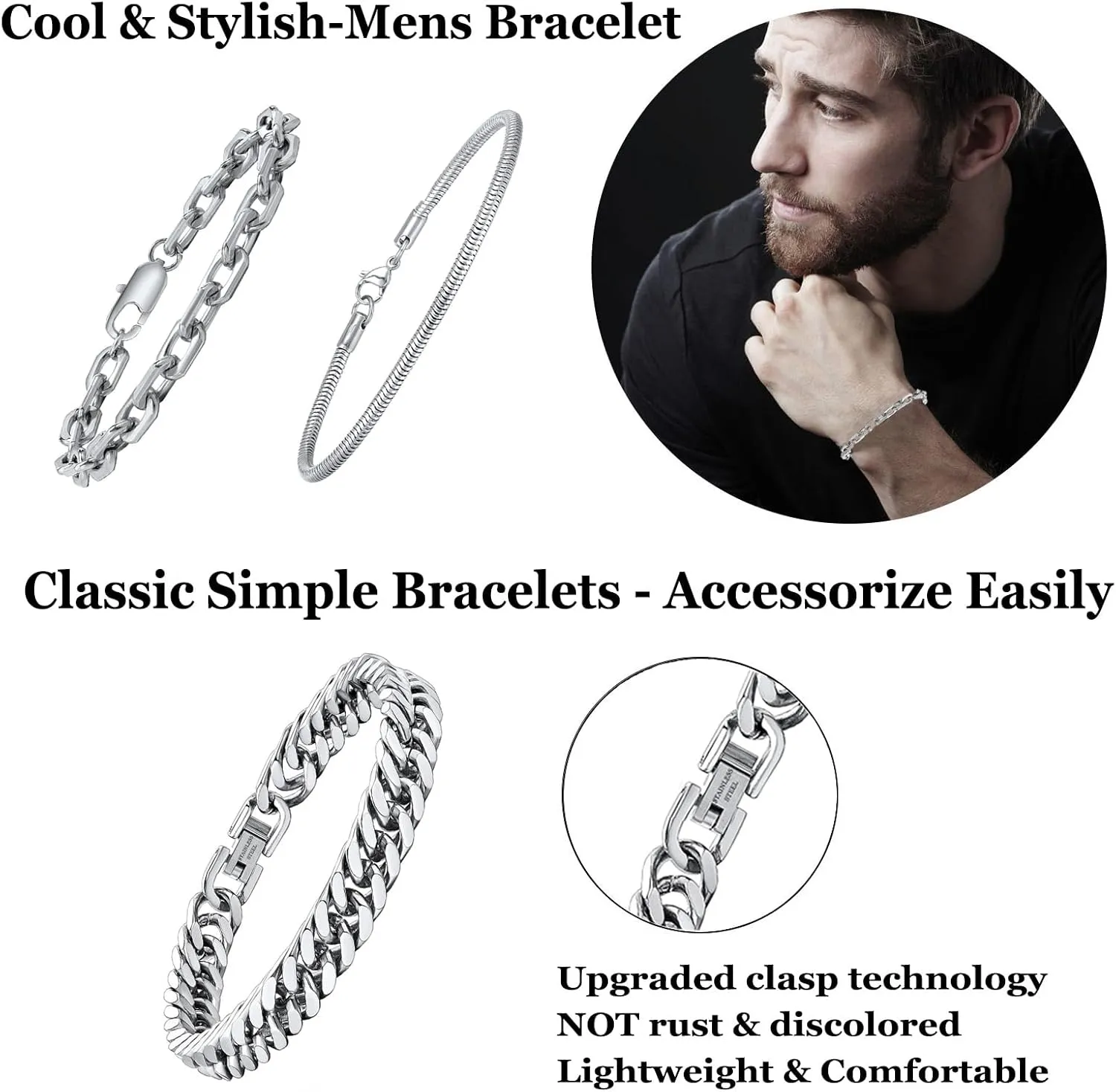6Pcs Silver Bracelets for Men Women Stainless Steel Mens Bracelet Stackable Link Chain Bracelet Set