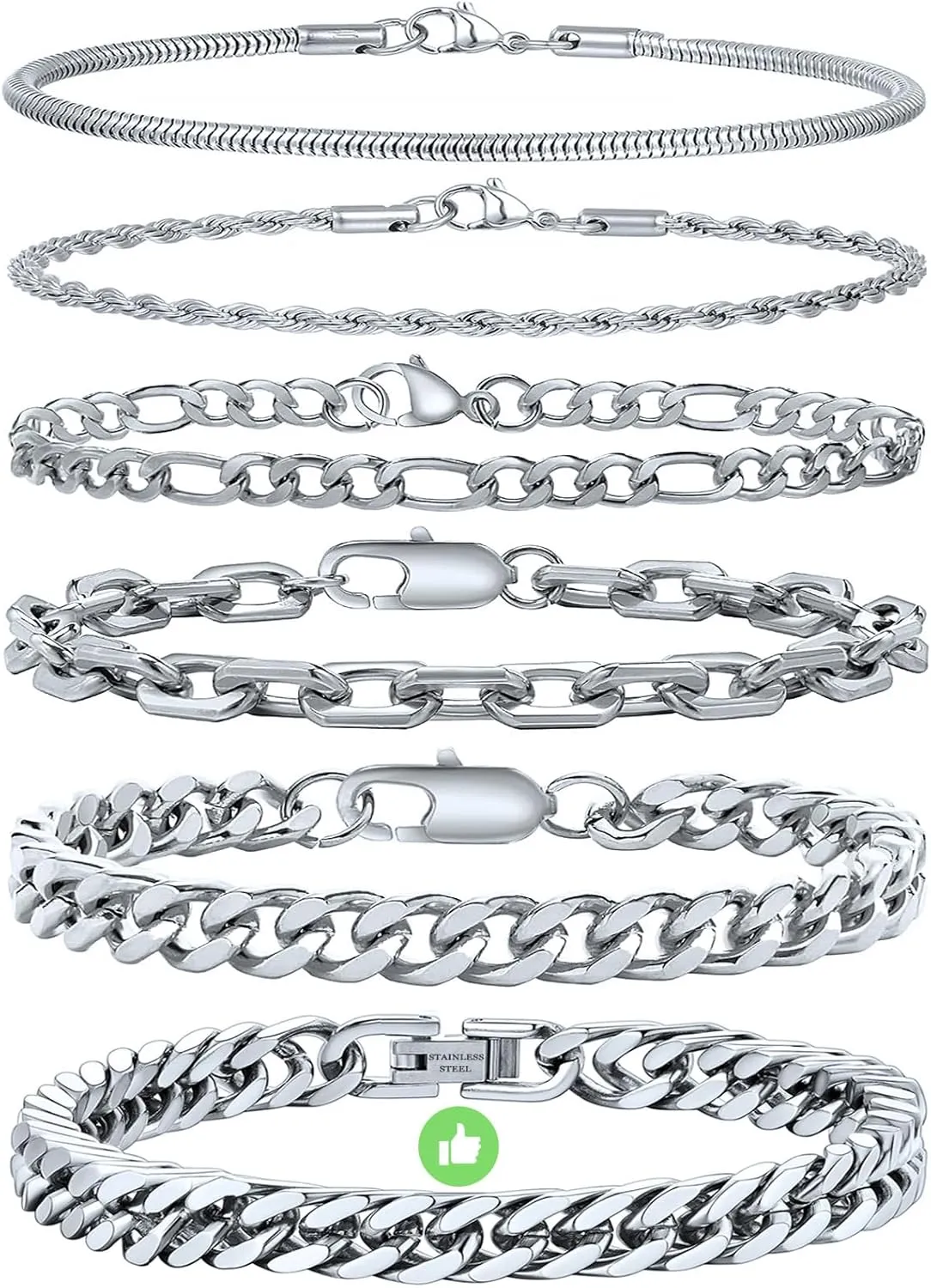 6Pcs Silver Bracelets for Men Women Stainless Steel Mens Bracelet Stackable Link Chain Bracelet Set