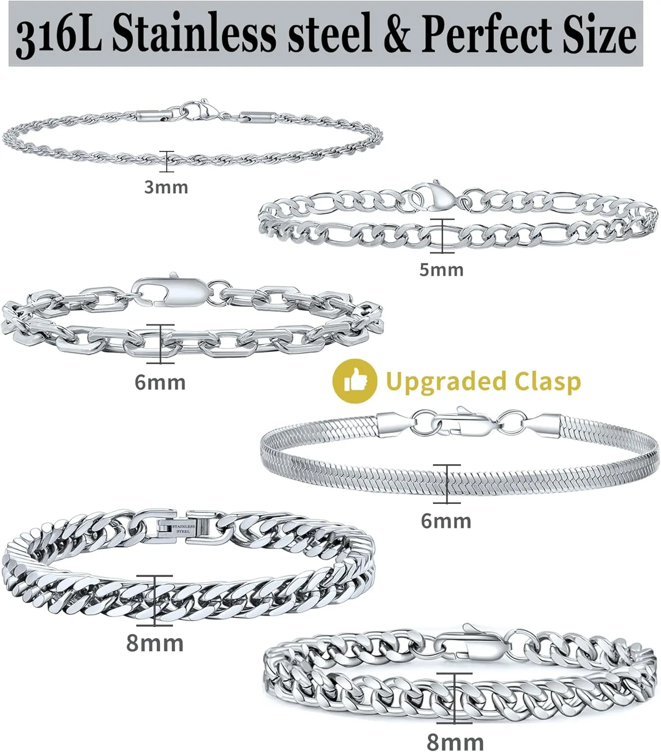 6Pcs Silver Bracelets for Men Women Stainless Steel Mens Bracelet Stackable Link Chain Bracelet Set