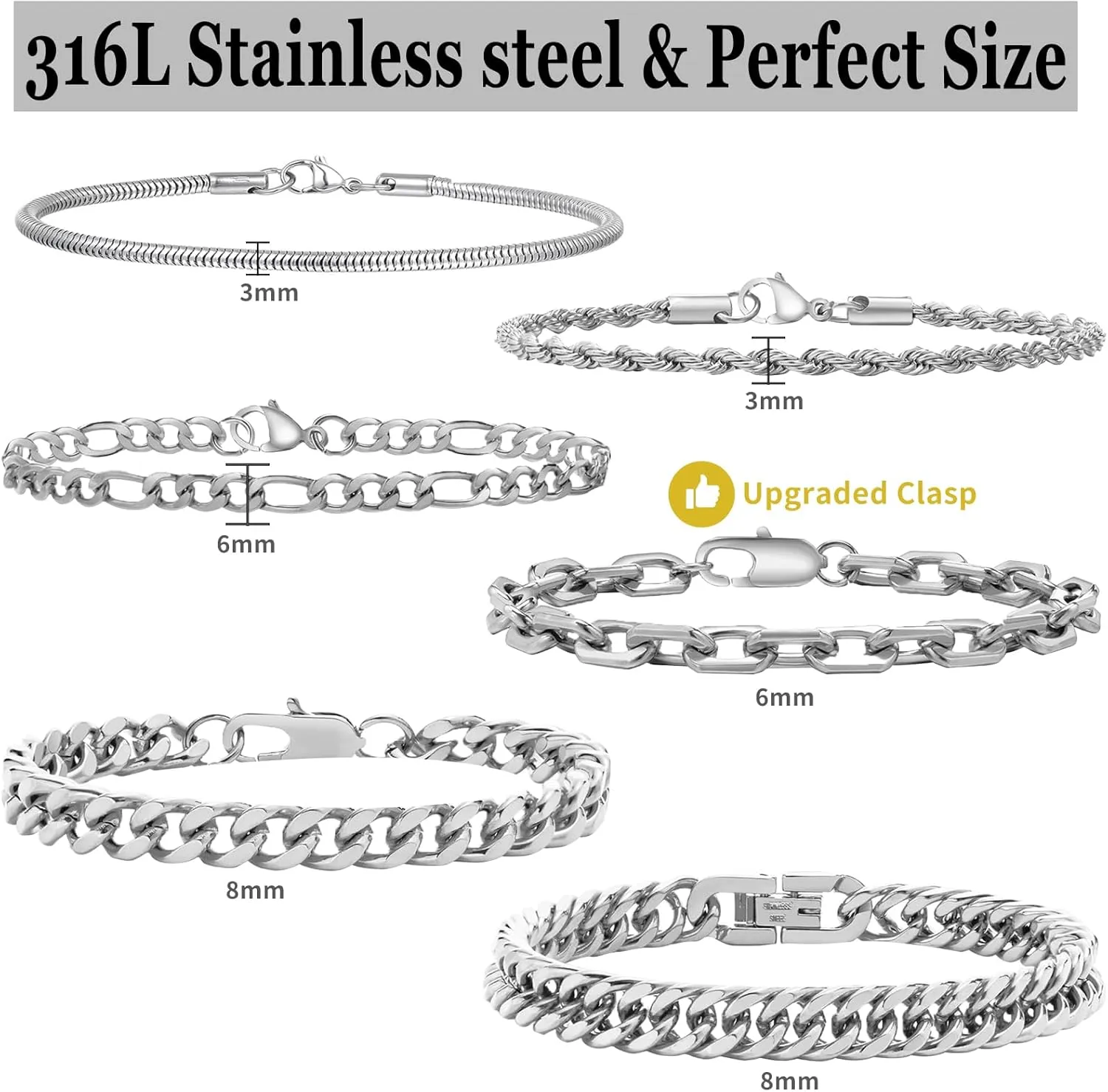 6Pcs Silver Bracelets for Men Women Stainless Steel Mens Bracelet Stackable Link Chain Bracelet Set