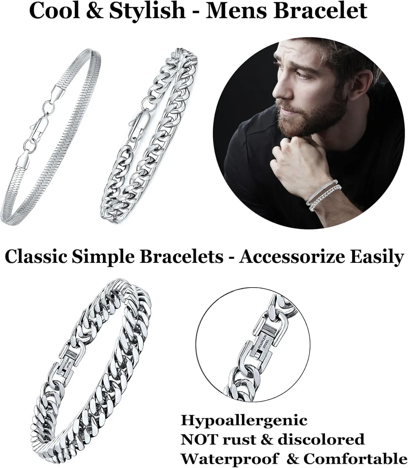 6Pcs Silver Bracelets for Men Women Stainless Steel Mens Bracelet Stackable Link Chain Bracelet Set