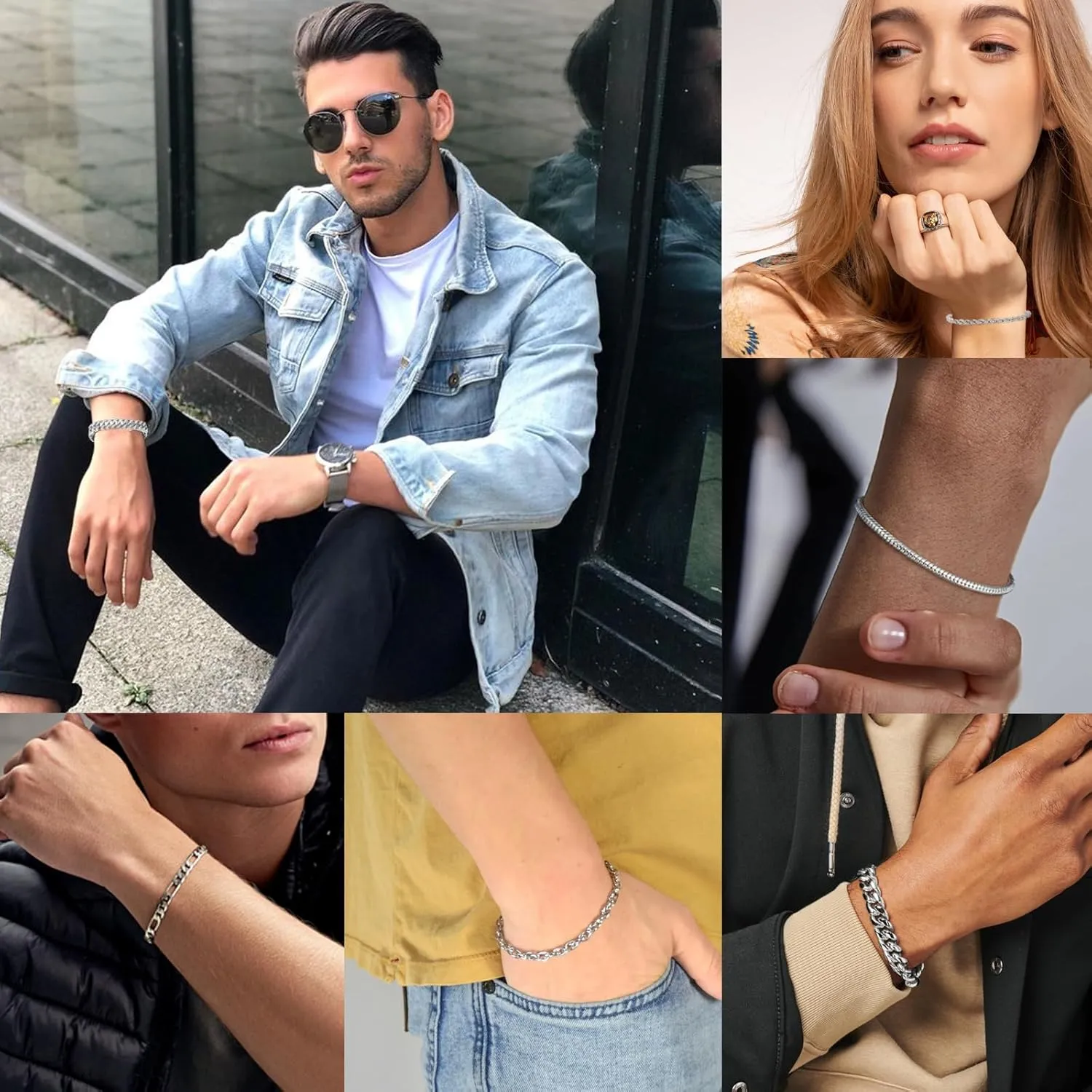 6Pcs Silver Bracelets for Men Women Stainless Steel Mens Bracelet Stackable Link Chain Bracelet Set