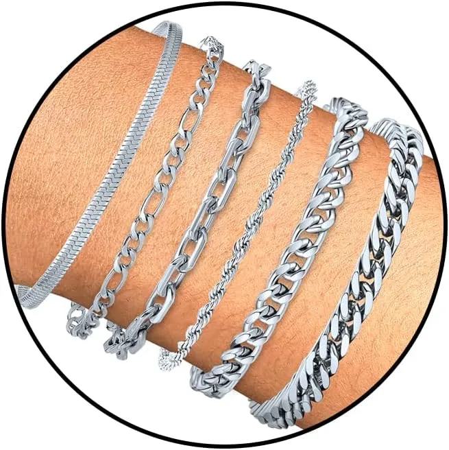 6Pcs Silver Bracelets for Men Women Stainless Steel Mens Bracelet Stackable Link Chain Bracelet Set