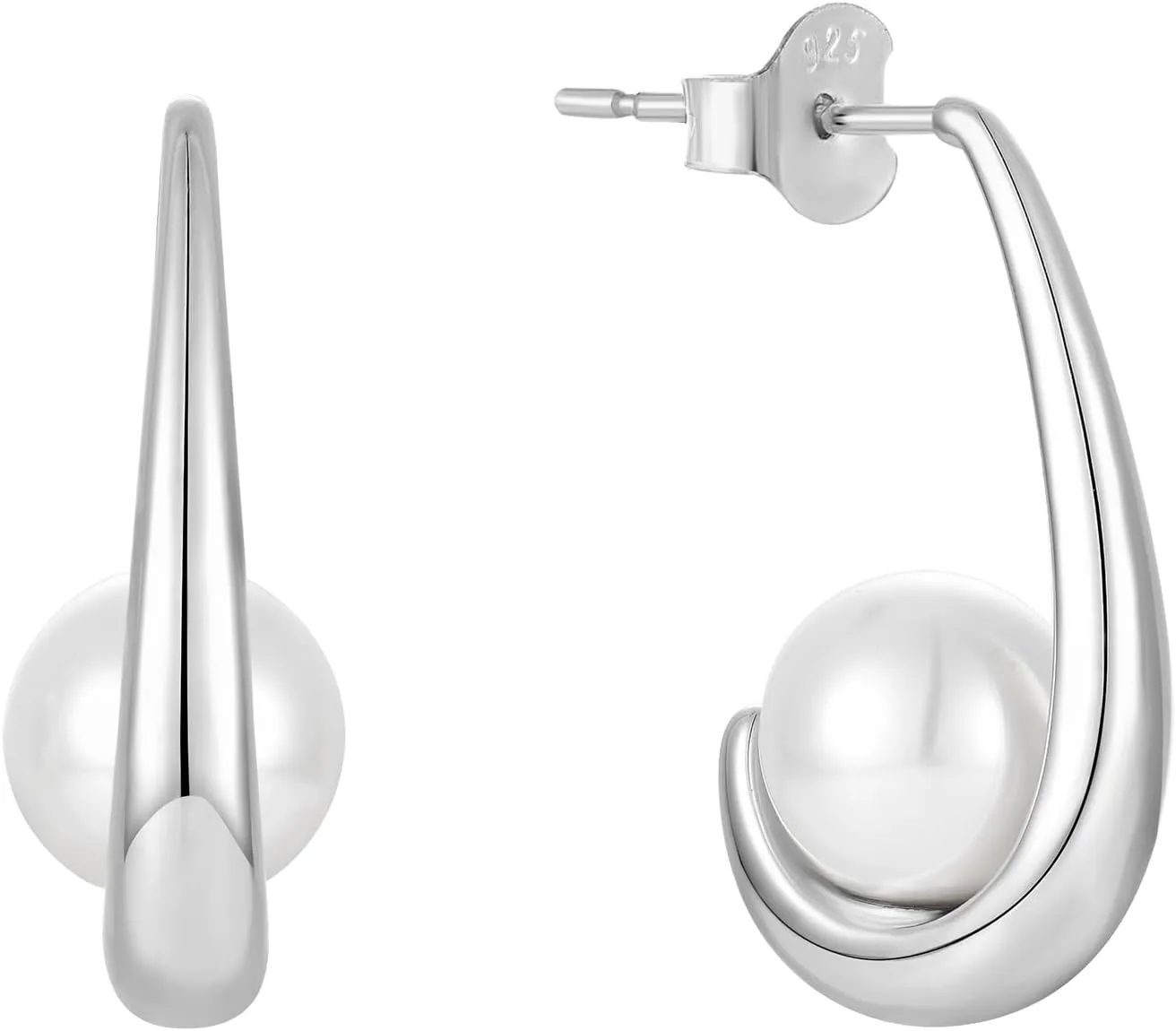 925 Sterling Silver Hoop Earrings, Simulated Pearls Dangle Drop Earrings Cubic Zirconia Jewelry for Women
