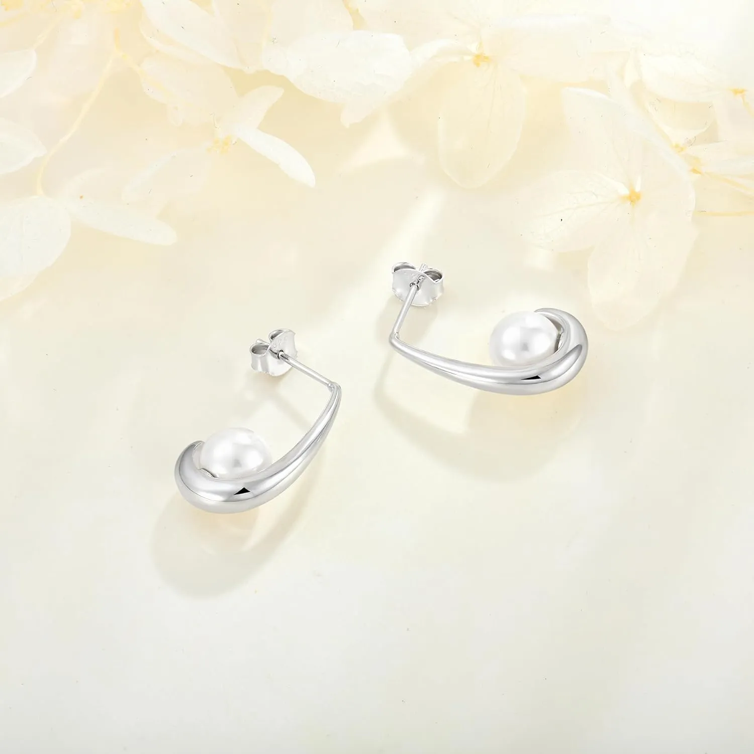 925 Sterling Silver Hoop Earrings, Simulated Pearls Dangle Drop Earrings Cubic Zirconia Jewelry for Women