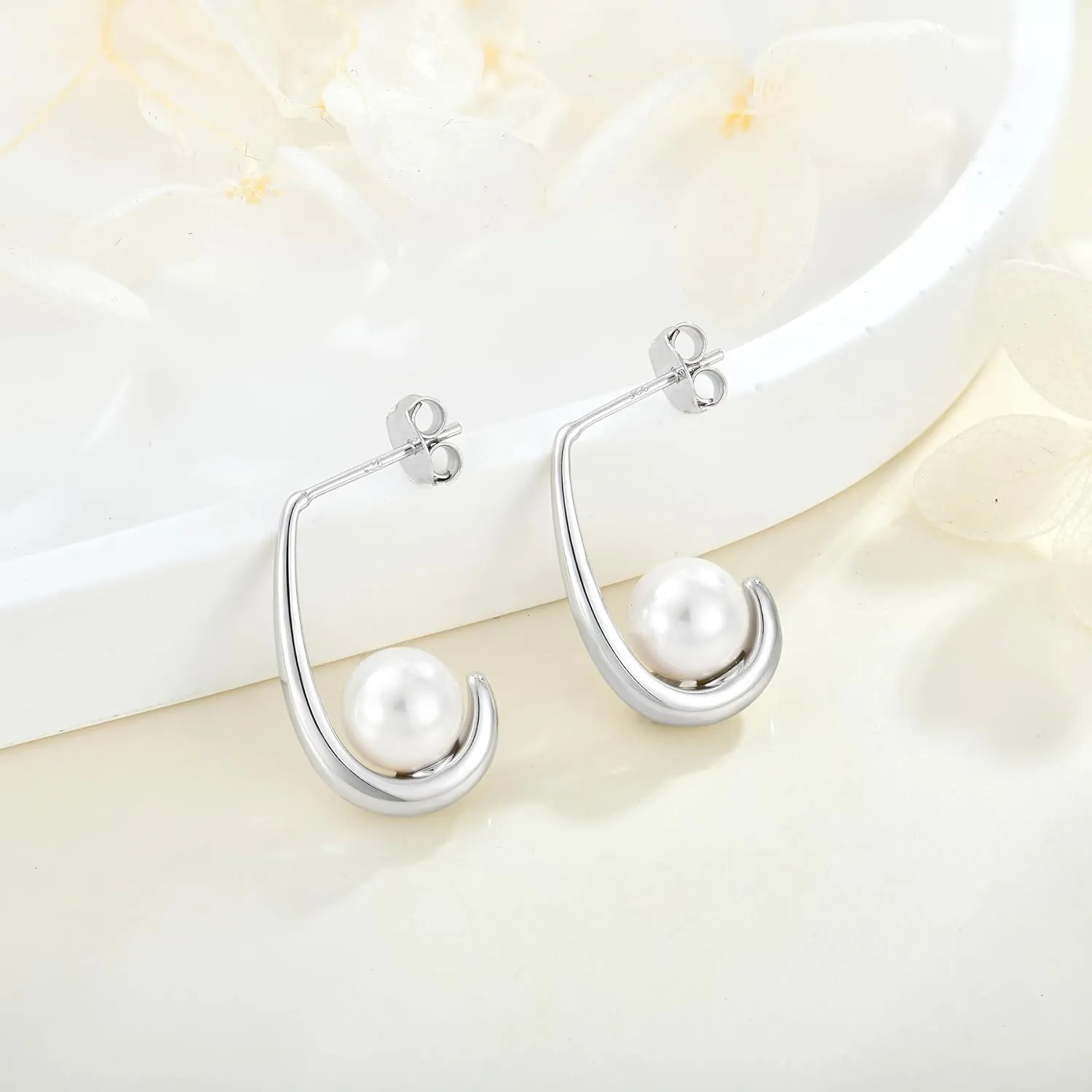 925 Sterling Silver Hoop Earrings, Simulated Pearls Dangle Drop Earrings Cubic Zirconia Jewelry for Women