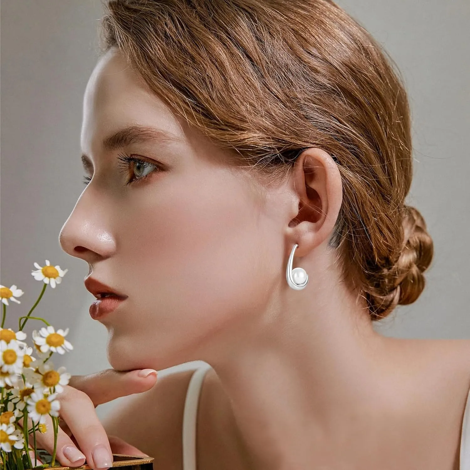 925 Sterling Silver Hoop Earrings, Simulated Pearls Dangle Drop Earrings Cubic Zirconia Jewelry for Women