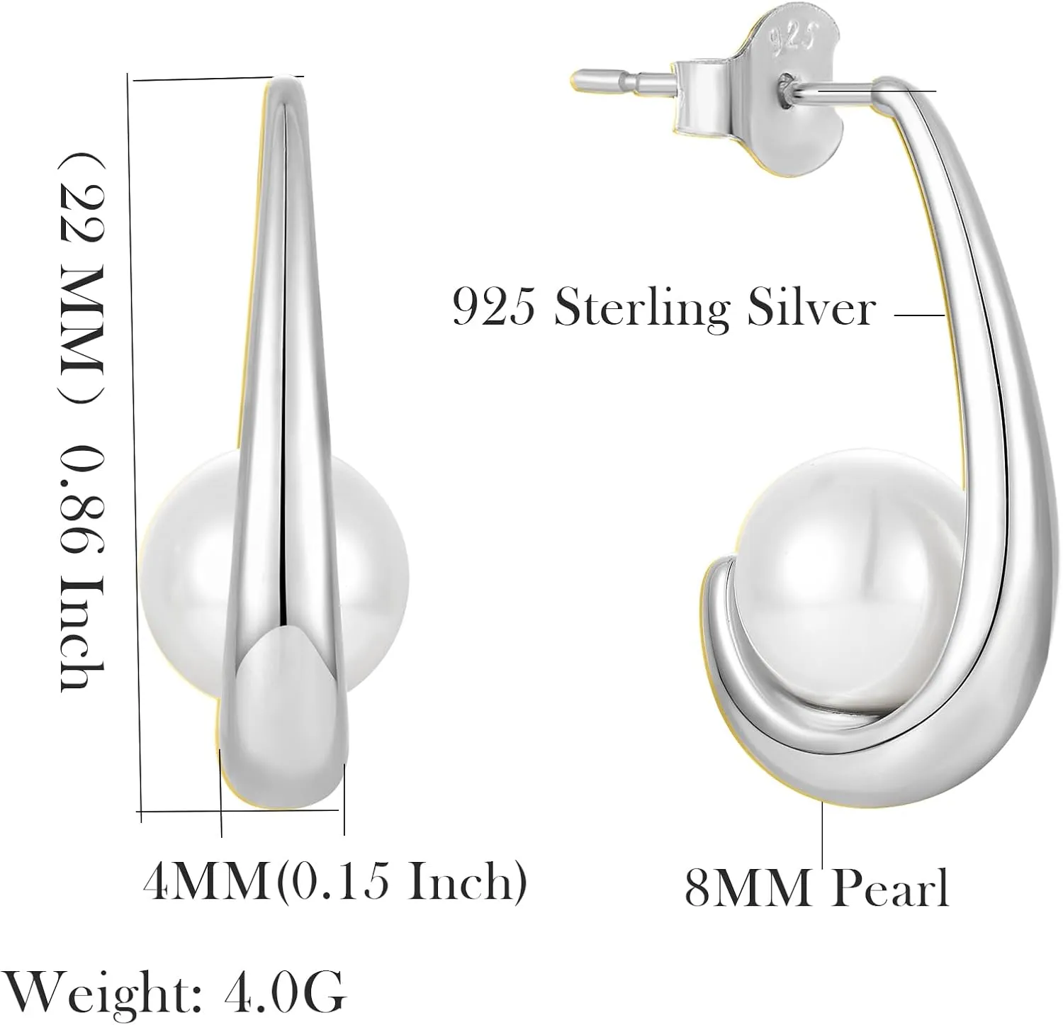 925 Sterling Silver Hoop Earrings, Simulated Pearls Dangle Drop Earrings Cubic Zirconia Jewelry for Women