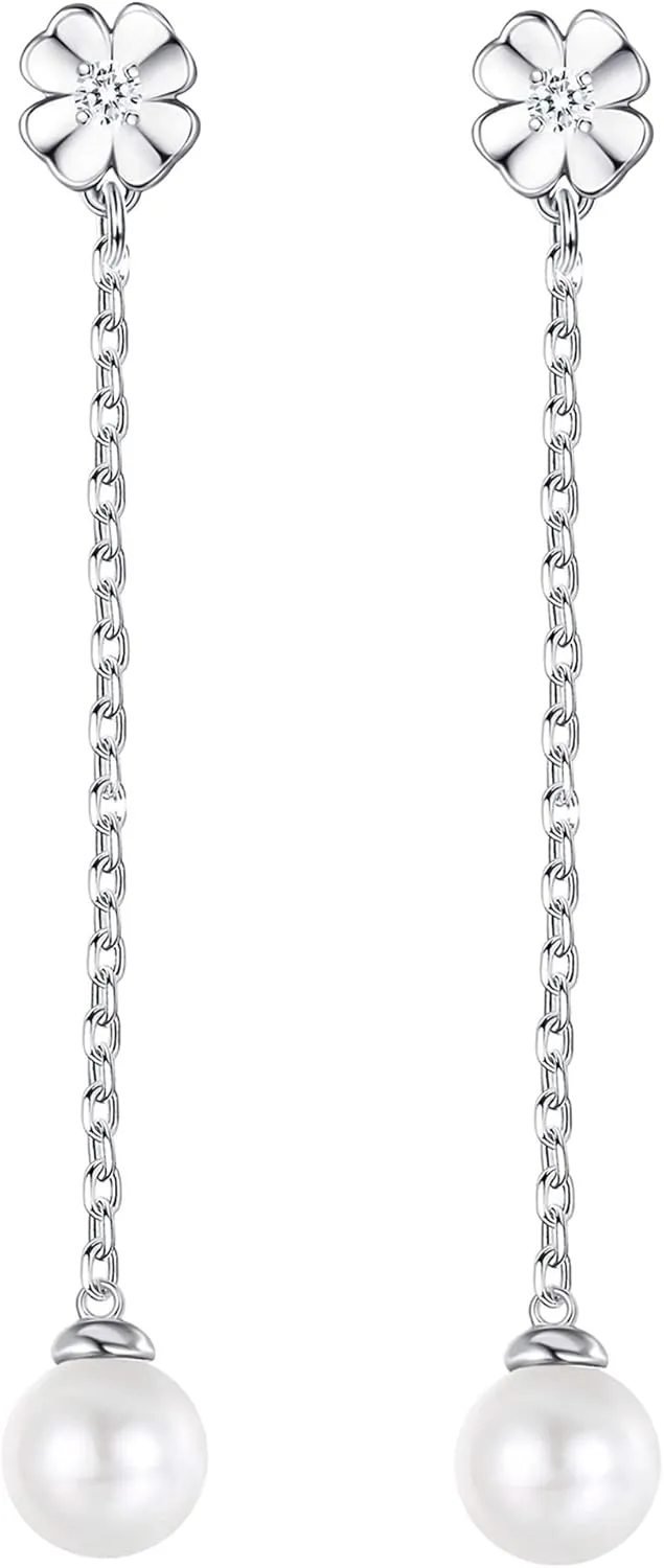 925 Sterling Silver Pearl Drop Earrings Silver Chain Long Dangle Earrings for Women Clover Cubic Zirconia Wedding Earrings