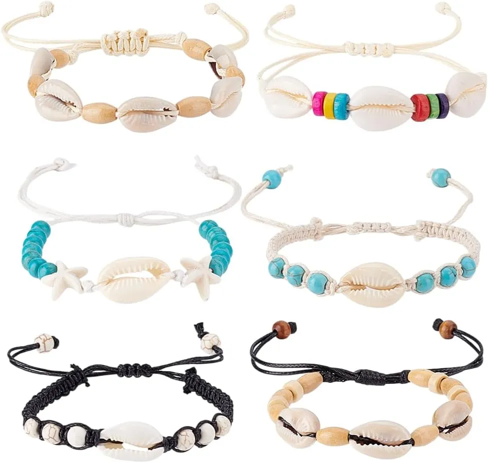 AHANDMAKER 6Pcs Shell Bracelets Anklets Set Natural Turquoise Cowrie Beads Seashells Ankle Jewelry for Women Handmade Boho Adjustable Starfish Foot Chain Ocean Hawaii Beach Parties