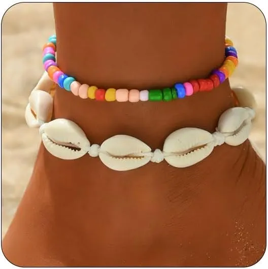Ankle Bracelets for Women Adjustable Beaded Shell Boho Beach Jewelry Gold-Tone Waterproof Summer Gift Set