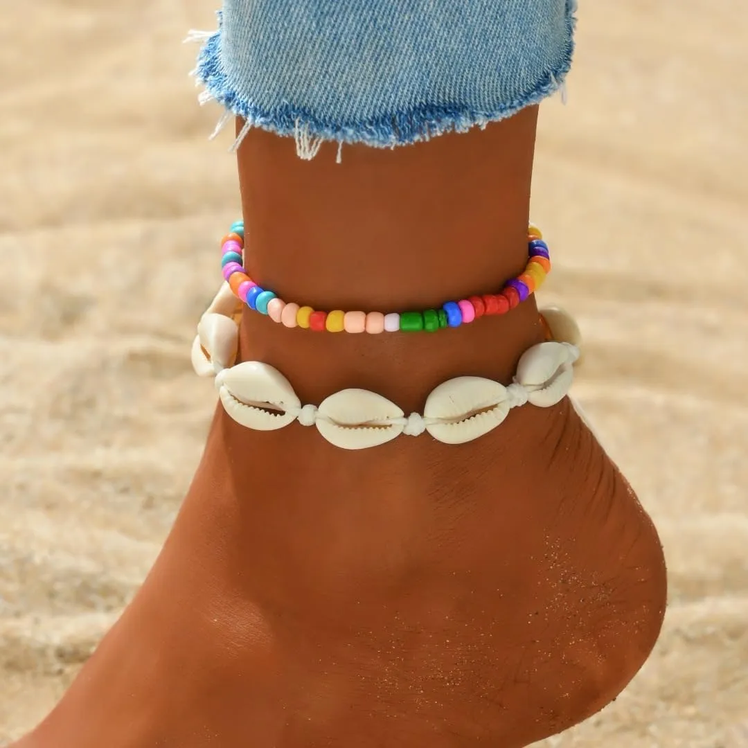 Ankle Bracelets for Women Adjustable Beaded Shell Boho Beach Jewelry Gold-Tone Waterproof Summer Gift Set