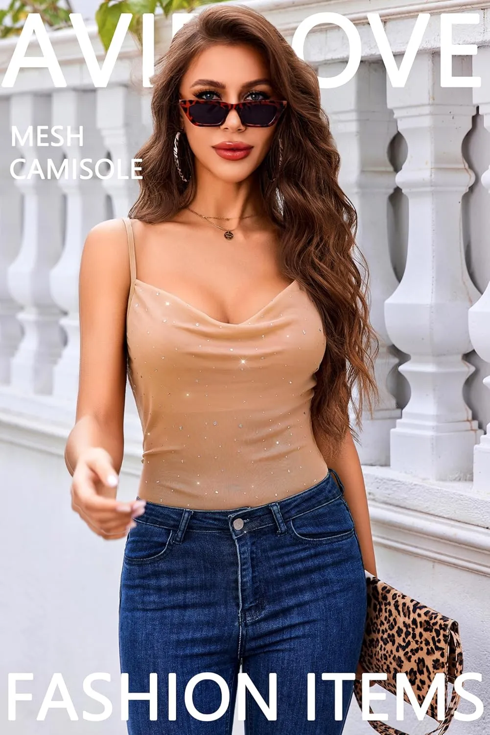 Avidlove Women's Mesh Camisole Cowl Neck Tank Top Cami Sequin Basic Tank Shirt Blouses