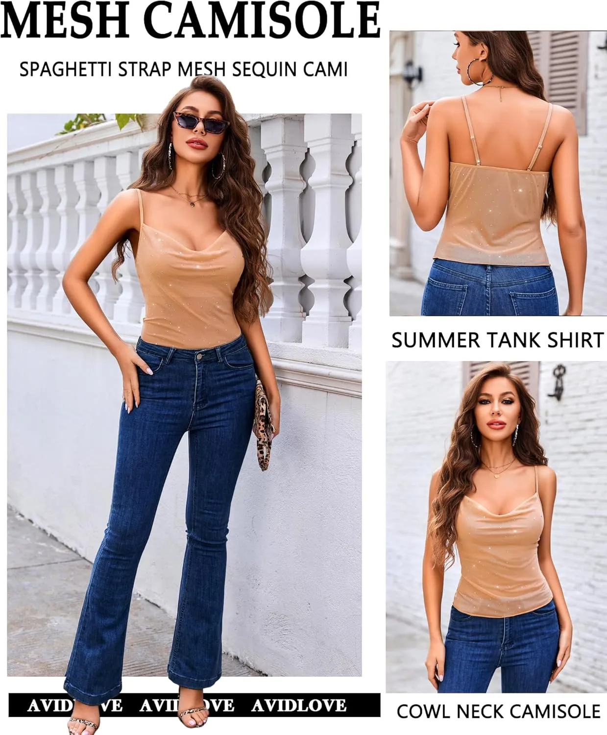 Avidlove Women's Mesh Camisole Cowl Neck Tank Top Cami Sequin Basic Tank Shirt Blouses