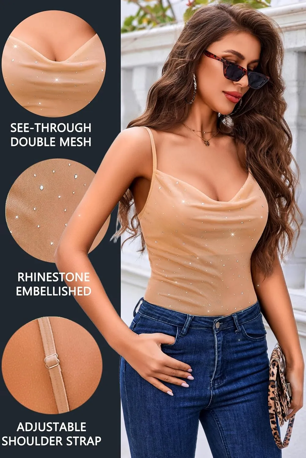 Avidlove Women's Mesh Camisole Cowl Neck Tank Top Cami Sequin Basic Tank Shirt Blouses